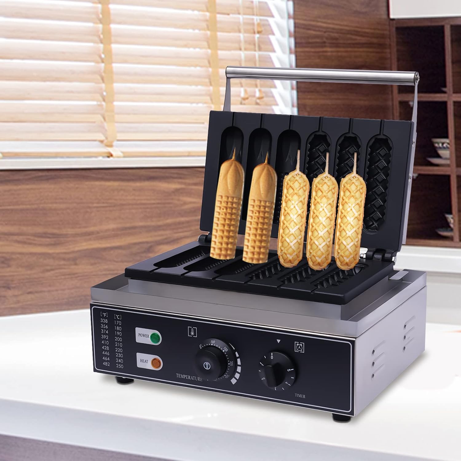 6 PCS Commercial Corn Dog Maker, 1550W 110V Hot Dog Cheese Stick Press Iron Electric Waffle Maker Machine Electric Nonstick Waffle Machine Presser Maker w/Temp Control for Bakeries Restaurants