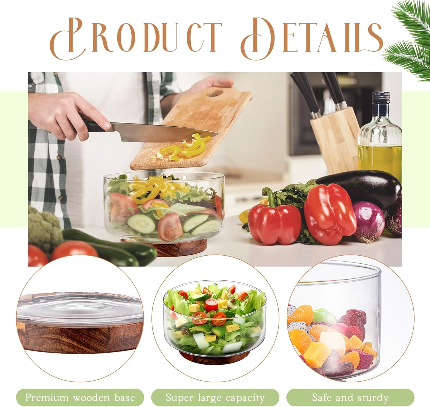 FillTouch 125 oz Large Glass Salad Bowl Set with Wooden Base and Fork Trifle Glass Mixing Bowl with Serving Utensils for Fruits, Popcorn, Chips, Pasta(125 oz)