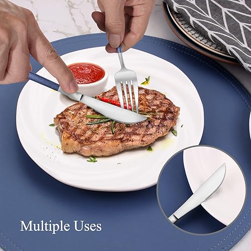 Miniatura 5 de Mirror Silver Blue - Juego de cubiertos de acero inoxidable de 20 piezas, acabado satinado, servicio para 4, hogar y restaurante, apto para