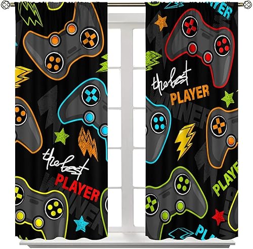 Miniatura 8 de Cortinas opacas con diseño abstracto de gamepad para niños, control de videojuegos, estampado colorido, ojales, oscurecimiento de habitación,