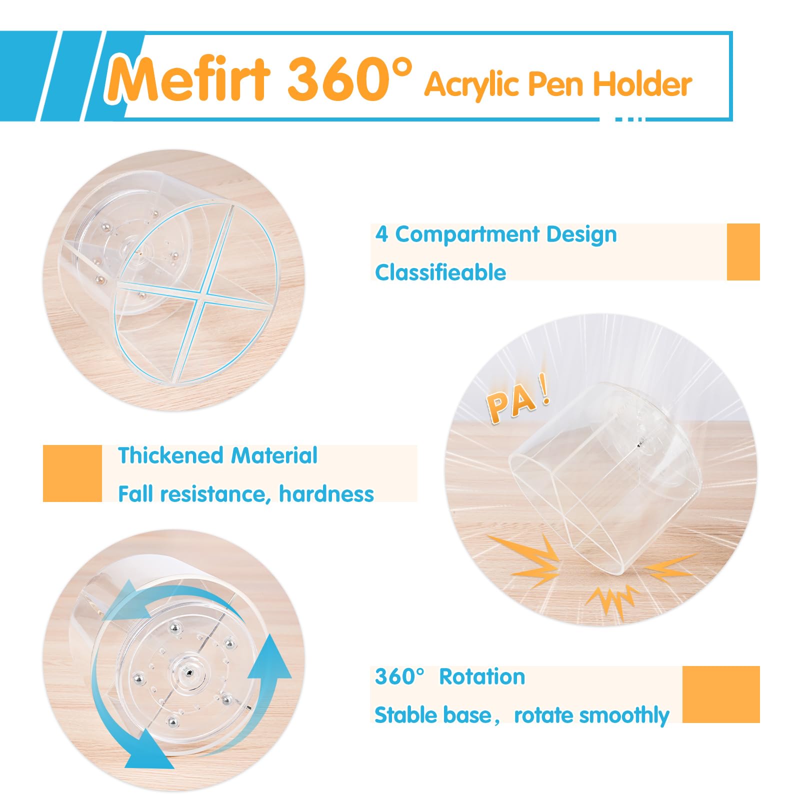 Mefirt Portapenne in acrilico, organizer da scrivania rotante a 360 gradi, organizer da scrivania in acrilico con 4 scomparti, organizer per forniture artistiche, per ufficio, scuola, casa,