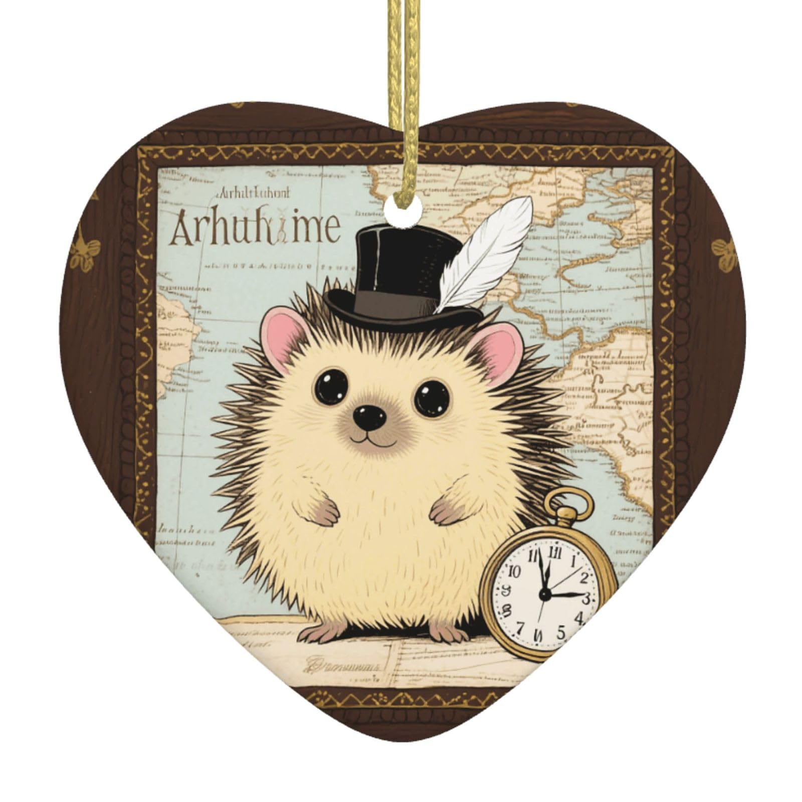 Funny Hedgehog Christmas Ornament 2025 Heart Ceramic Hanging Ornaments for Home Decor Christmas Decorations with Gold Rope Double-Sided Xmas Tree Ceramic Hanging for Holiday Party