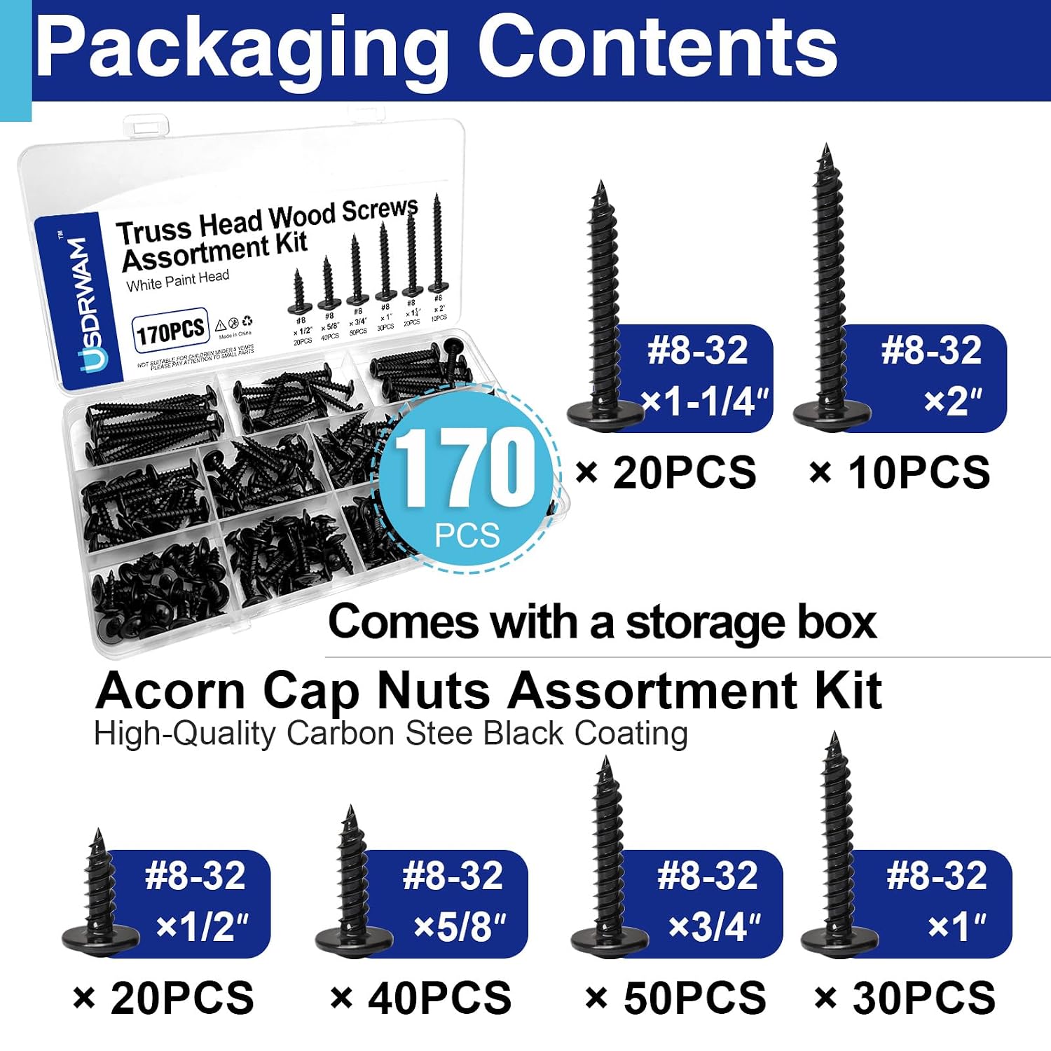 170PCS #8 Black Wood Screws Assortment, Truss Head, Self-Tapping