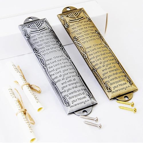 Juego de 2 mezuzas, mezuzá con pergamino para puerta, placa de mezuzá de metal Prefdo para puerta exterior, funda de mezuzá judía para puerta de