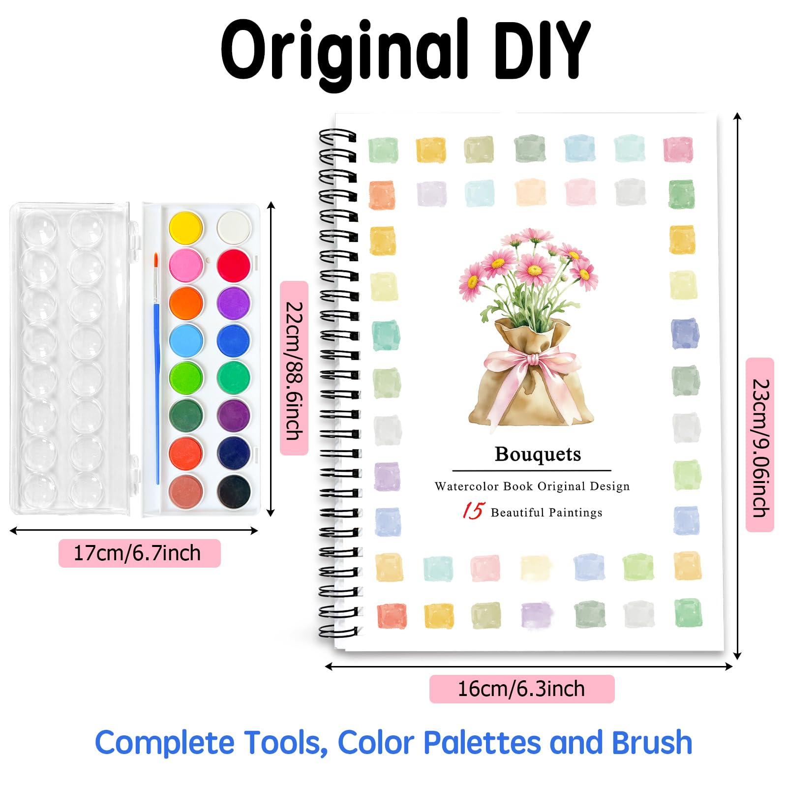 SLWBZ Ramos de libros de trabajo de acuarela, 15 patrones diferentes de diseños originales de bricolaje, 16 platos de pintura de acuarela de colores con paleta y pincel, libros de trabajo de acuarela