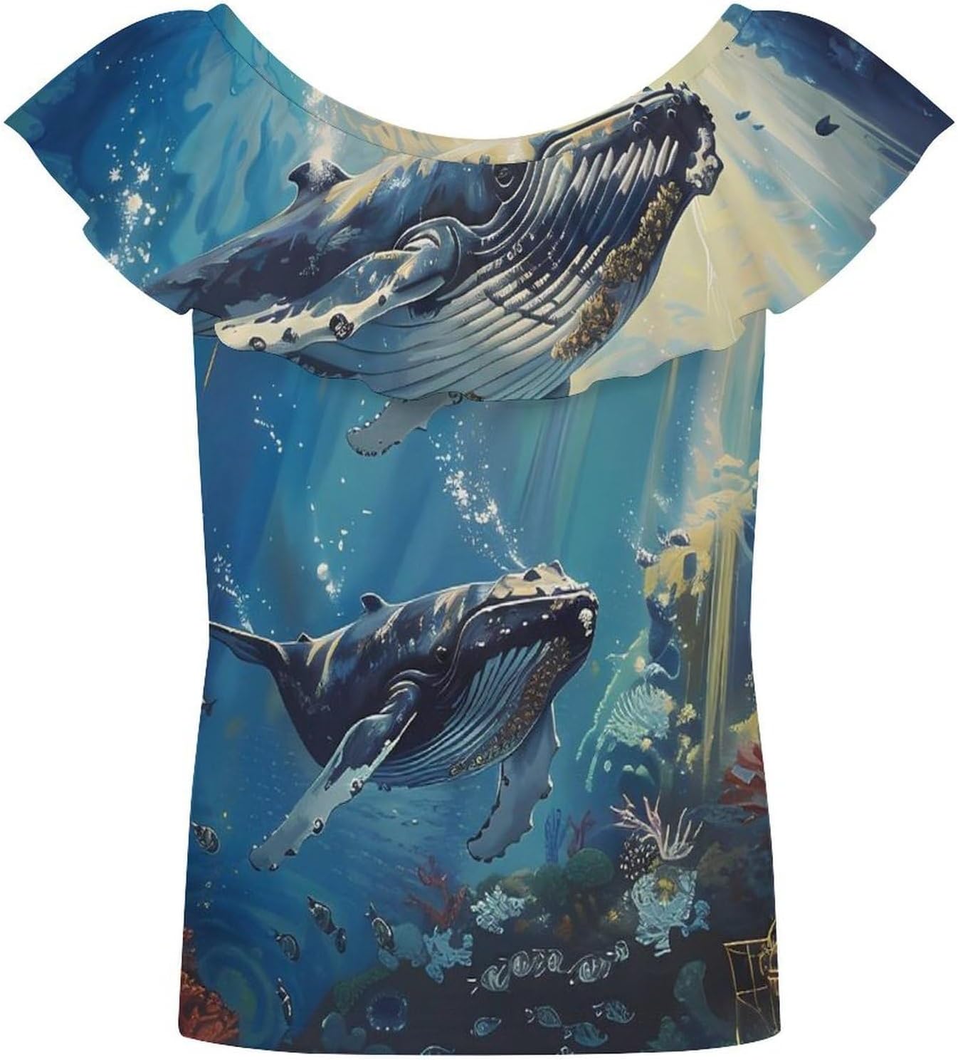 Humpback Whale in The Ocean Girls T-Shirts Top Ruffle Short Sleeve Blouse Casual Graphic Tees