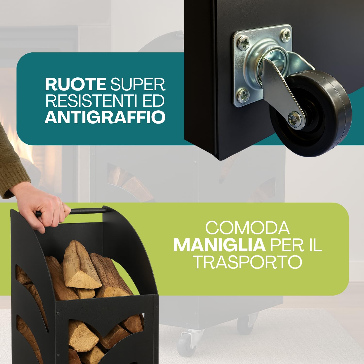 Paluplus Cesto Portalegna da Camino con Ruote di colore Nero, Misura 32x42x80 cm, Box per legna in Acciaio Verniciato con Maniglia, Design Elegante, per Stufe e Camini, Made in Italy -2411F -12,5