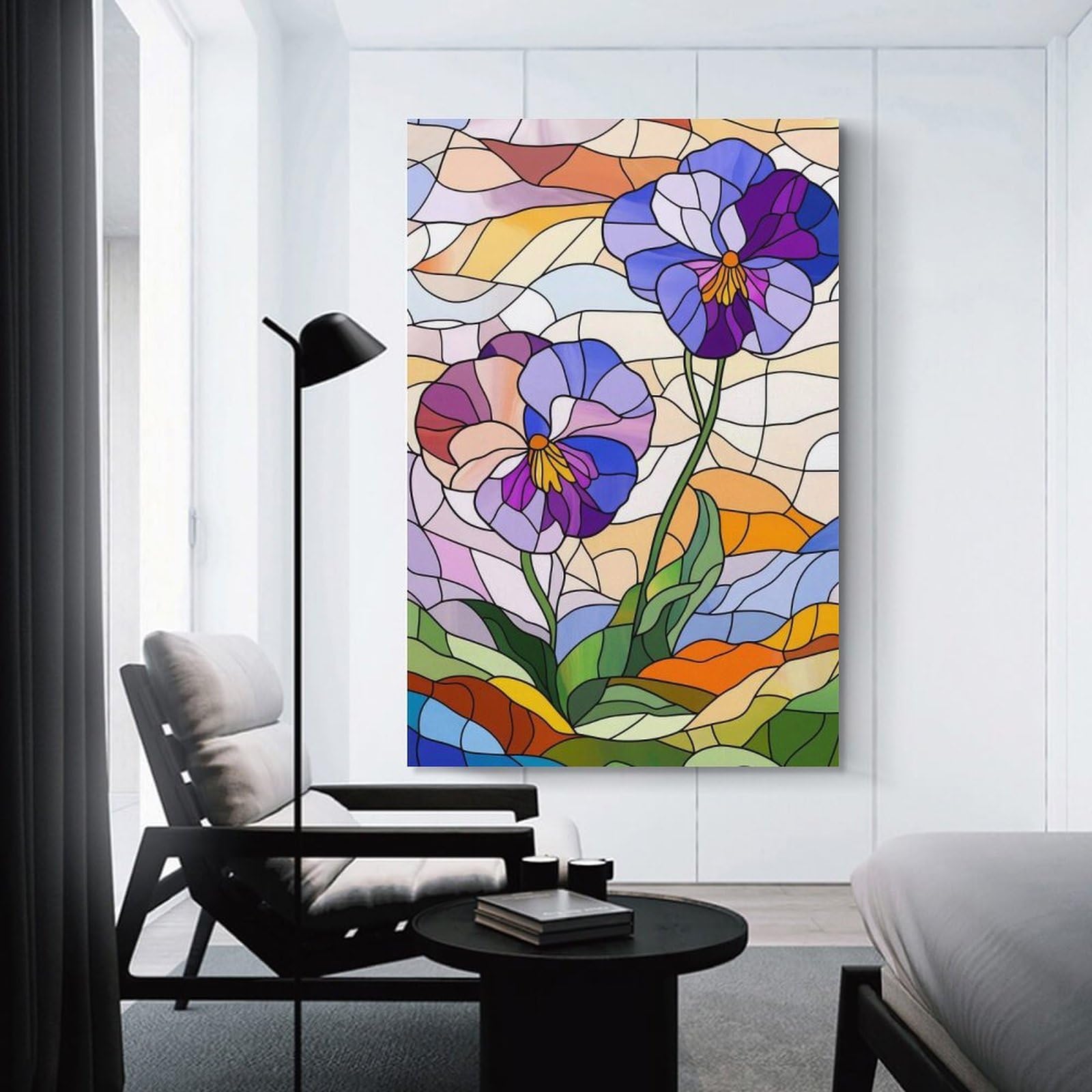Junmoney Decorative Wall Artwork Stained Glass Pansies, 24x36inch(60x90cm), for Lounge, Bedroom Or Personal Spaces, Gift Idea for Housewarming And Birthdays