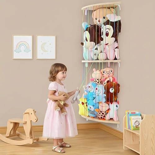 Miniatura 2 de Hamaca de almacenamiento de animales de peluche, soporte de madera para juguetes de peluche, organizador de almacenamiento de juguetes para sala de