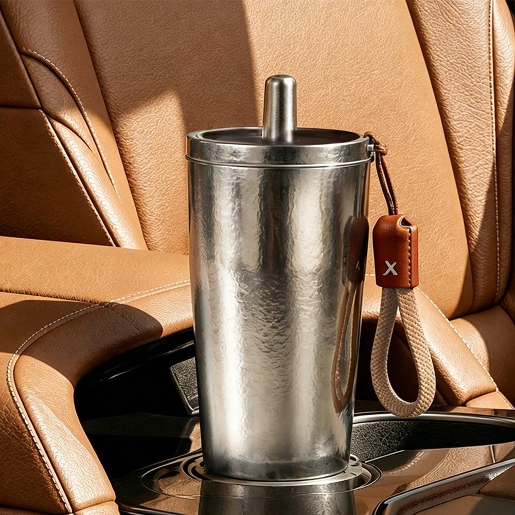 Mug en Titane Pur Martelé, Bouteille De avec Couvercle Étanche, Gobelet Portable avec Paille Cordon pour Le Bureau L'extérieur