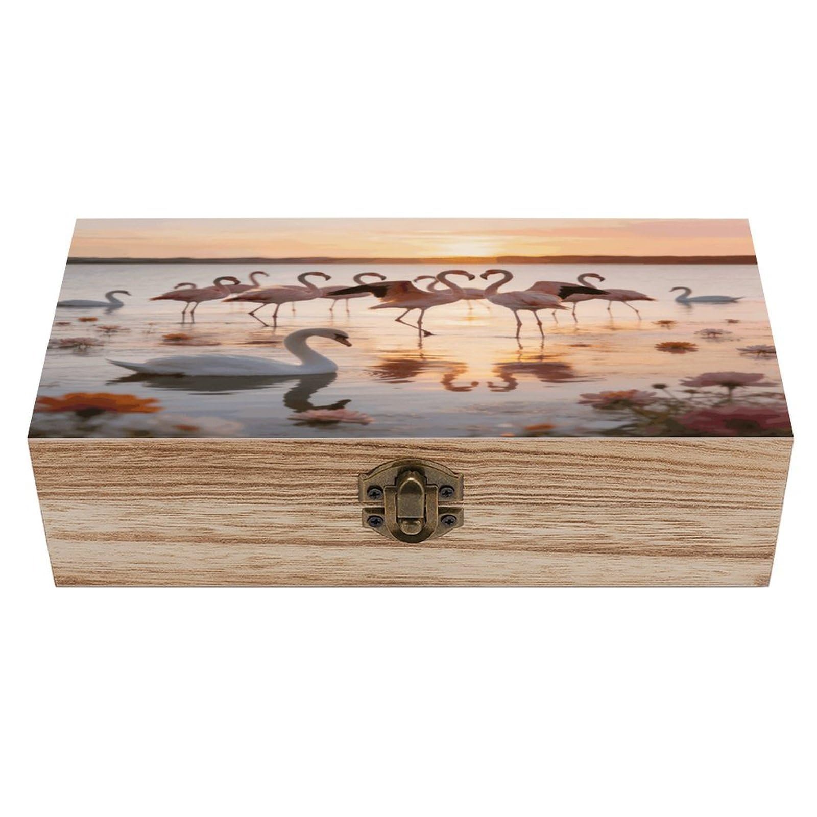 LZQPOEAS Flamingos Wooden Keepsake Box Wooden Storage Box Container with Hinged Lid Beautiful Wood Memory Box Decorative Jewelry Case for Crafts Art Hobbies & Trinket Storage