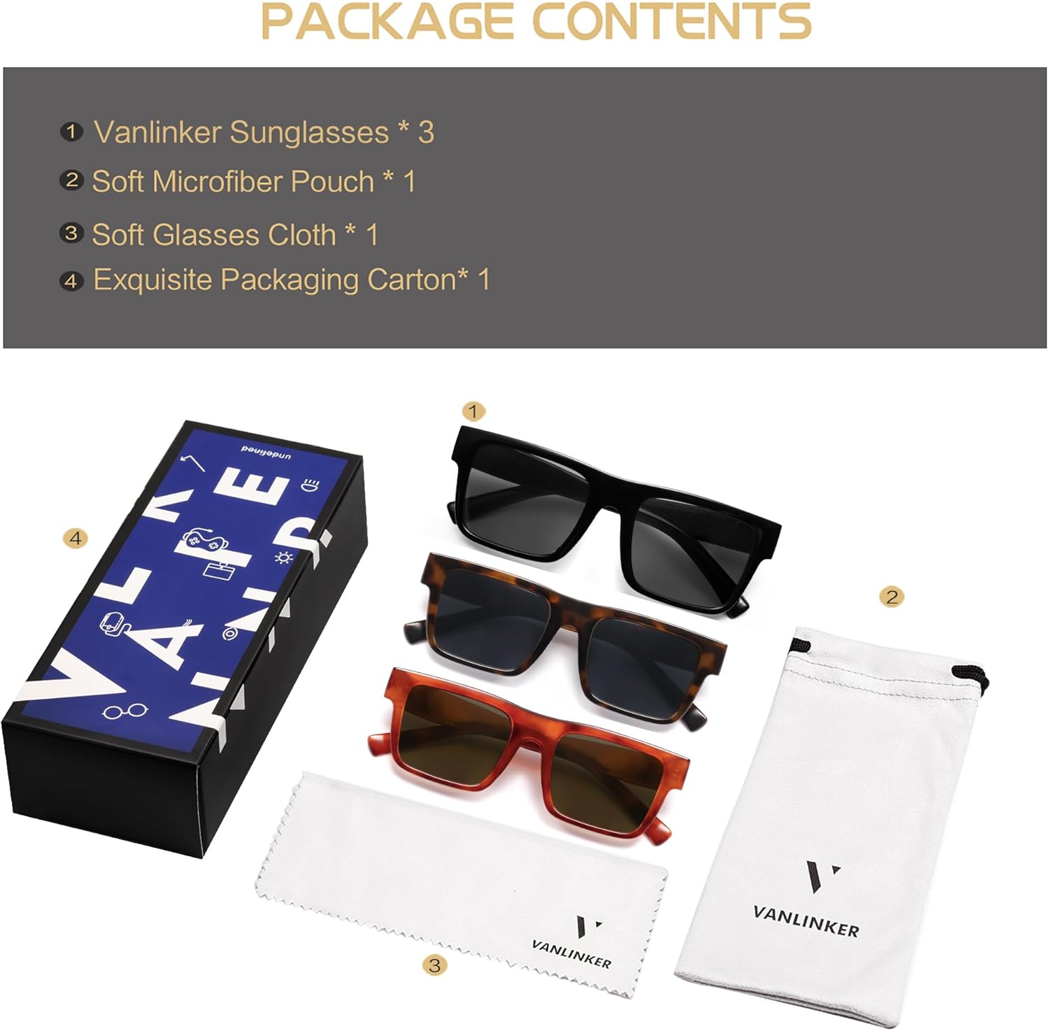 VANLINKER Fashion Trendy Square Sunglasses for Men Women Dark Shades with UV Protection for Driving VL9805 - Image 4