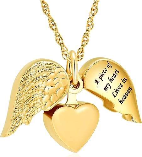 shajwo Collar de urna de corazón para cenizas para mujer, colgante conmemorativo de ala de ángel, recuerdo de piedra natal