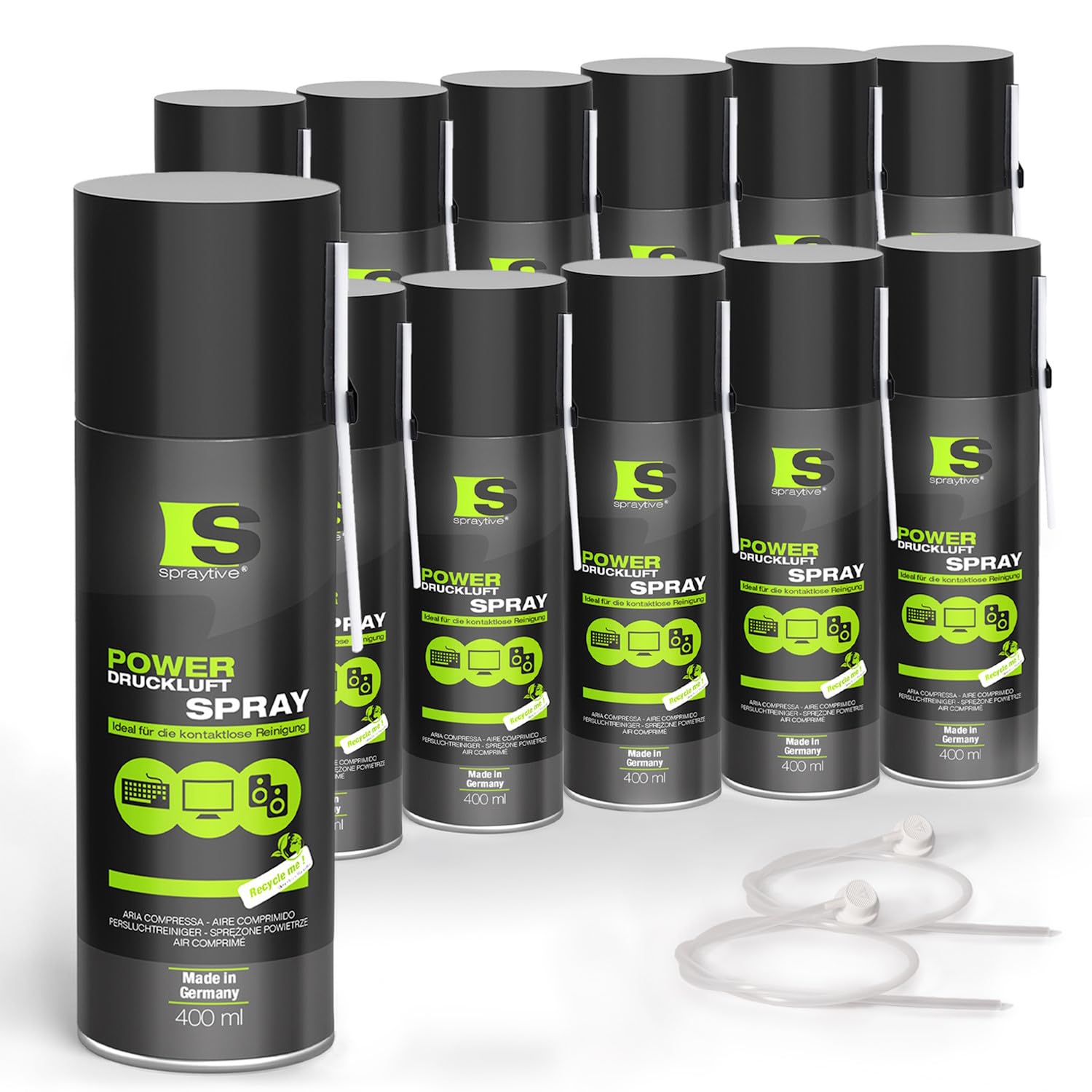 12 x 400ml Spraytive Power Aria Compressa: con Prolunga Spray da 10cm + 50cm – Pulizia di Tastiera, PC/Computer