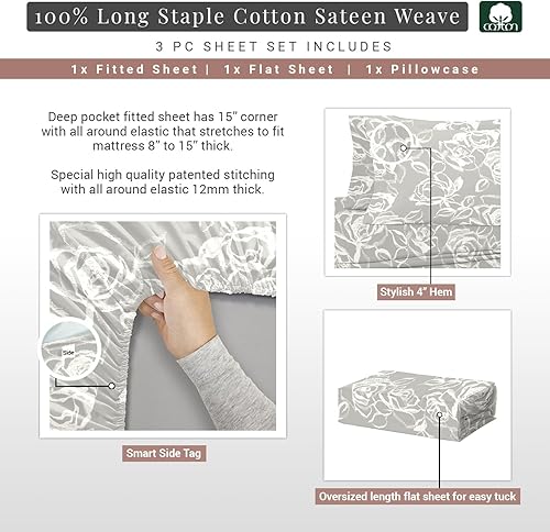 Miniatura 3 de Pizuna Sábanas de algodón puro 100% tamaño individual, lujosas sábanas de satén de algodón de fibra larga de 400 hilos, tamaño individual con