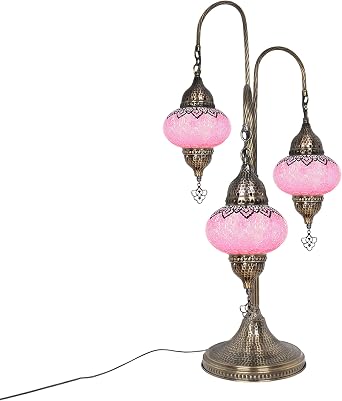 Turkish Bedside Lamp | 3-Globe Cracked Pattern Glass | Moroccan Mosaic Design for Bedroom Decor | Handcrafted Stained Glass Lantern with Victorian Charm Pink