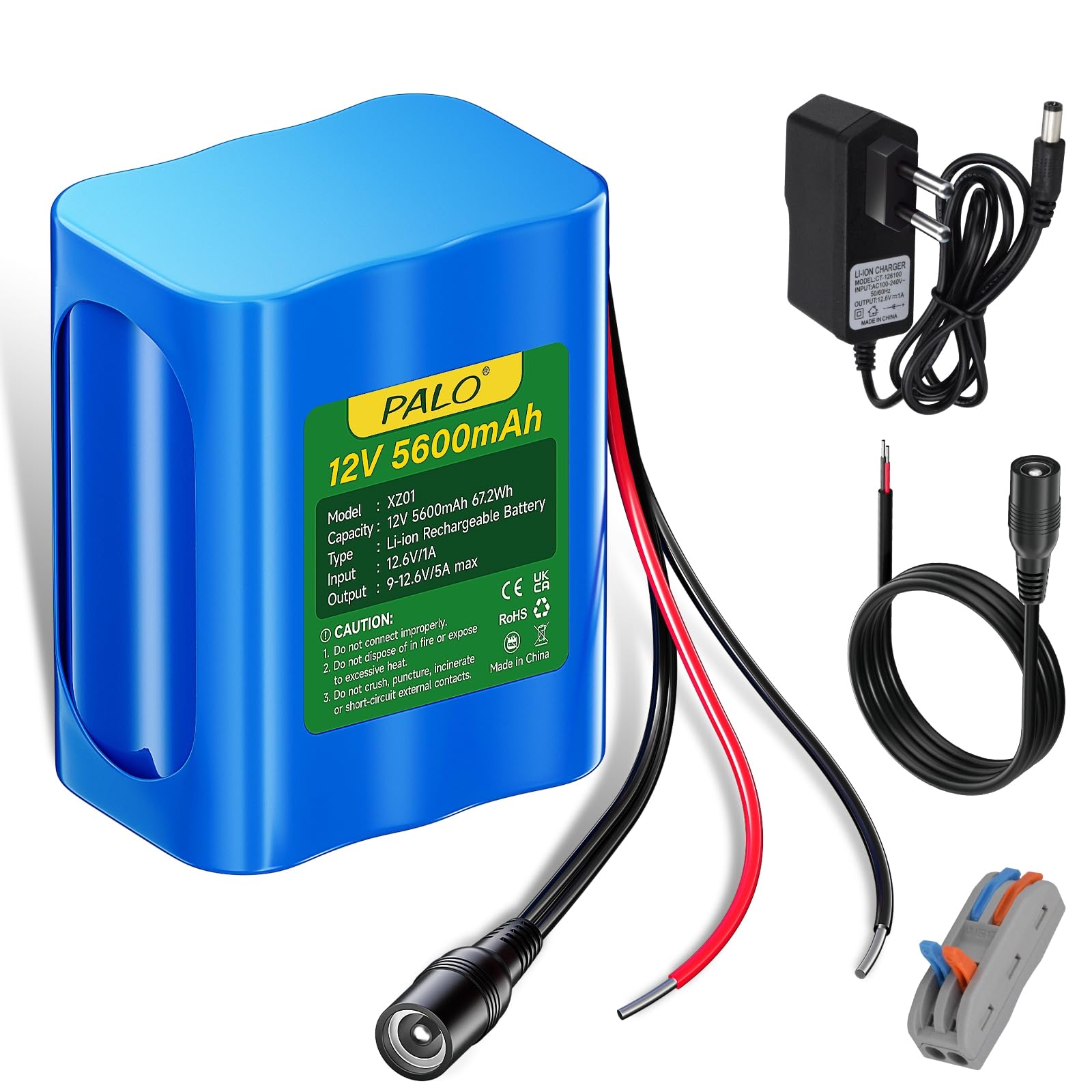 Batterie Lithium-ION 12 V 5600 mAh avec Chargeur et Ligne de Connexion pour Radio, appareils Photo, caméscopes, Orgue électronique, Lampe de Lecture DIY, télescopes, Sonar, Outil de Signal