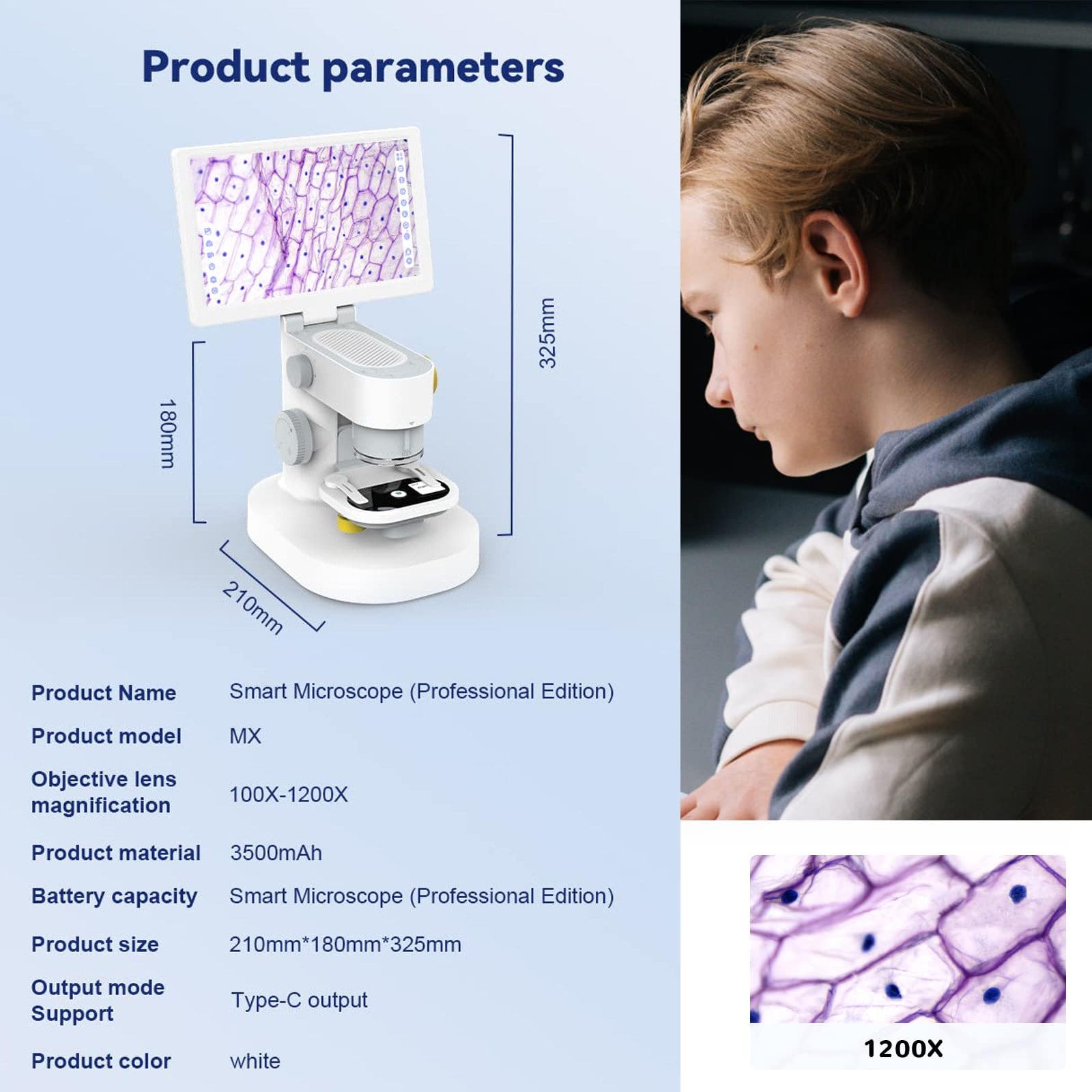 Microscopio Biologico Digitale, Microscopio Digitale Ad Alta Definizione con Touch Screen da 9 Pollici, 3 Lenti, Doppia Illuminazione A LED, Risoluzione 1080p - per Ricerca Biologica,White