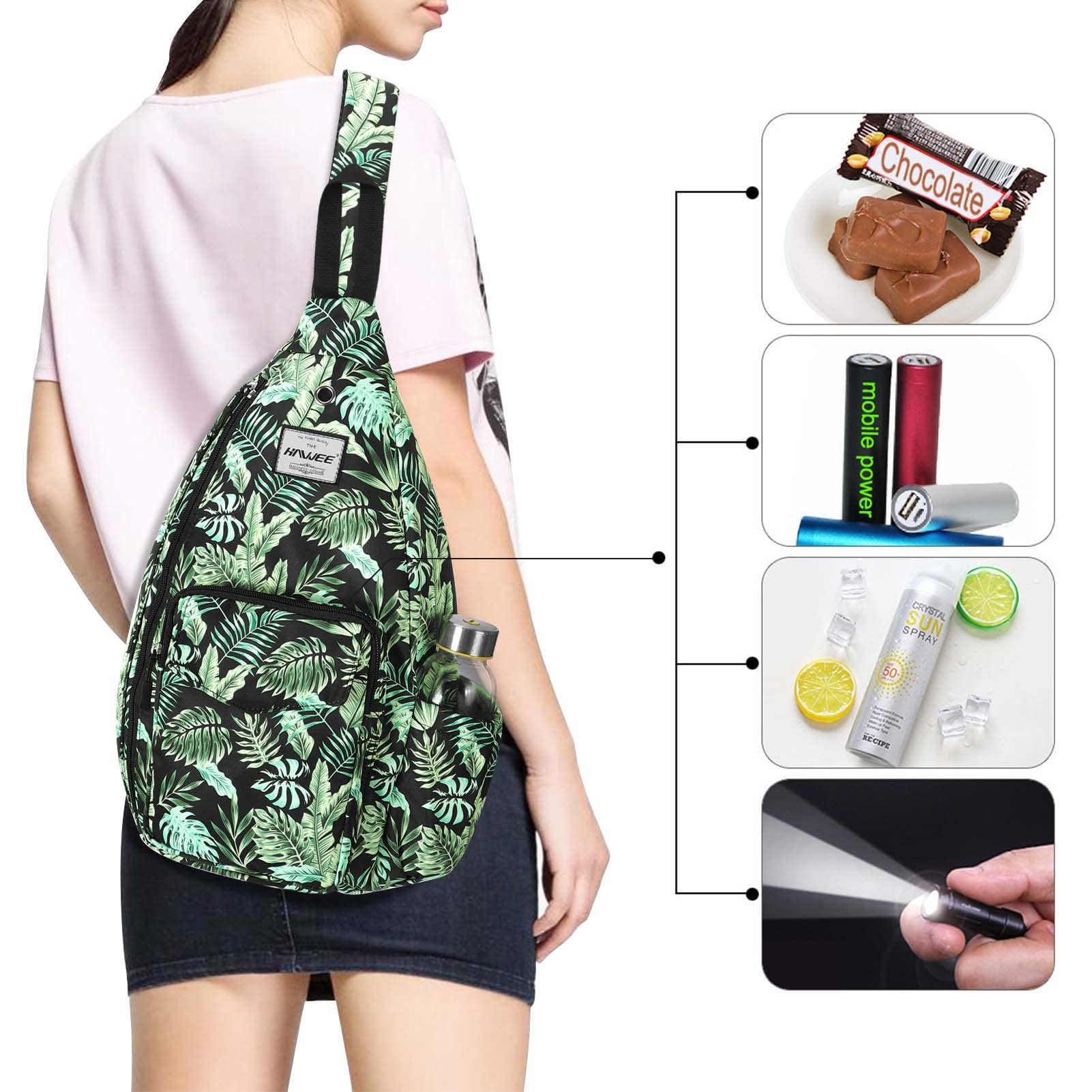Bolsa de hombro de cuerda para mujeres y hombres, casual, cruzada, mochila de día, correa ajustable, bolsa de botella para viajes y deportes, Hoja de plátano, One Size, Mochilas daypack