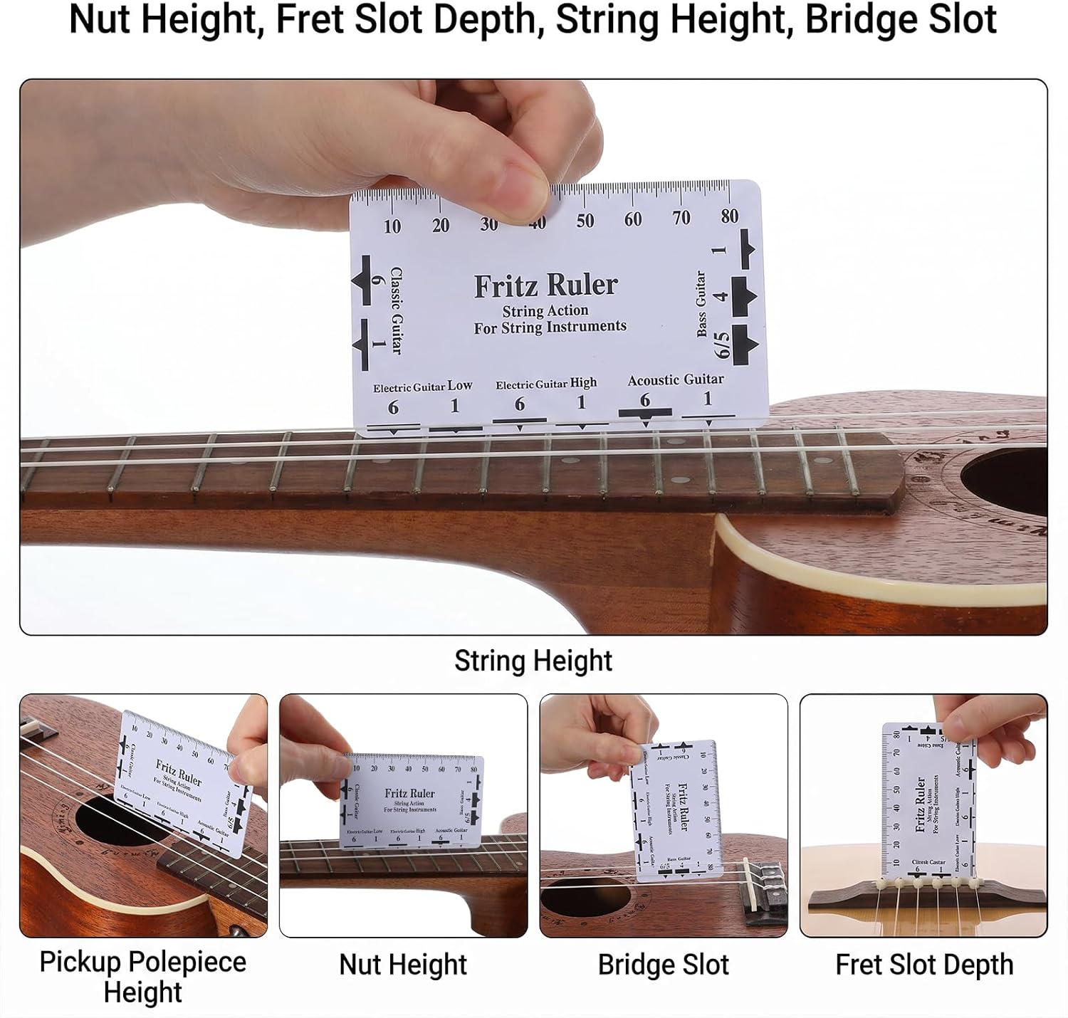 10 Pcs Guitar Luthier Tools 9 Pcs Radius Gauge Guitar 1 String Action Height Gauge Ruler Measuring Setup Tool Kit for Bass Setup Instrument Maintenance Adjustment Steel Color Stainless Steel Material