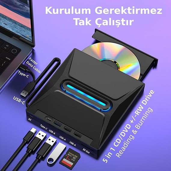 Valkyrie USB 3.0 External External CD DVD Reader Printer LED USB Hub TF SD Card Reader Multiplier