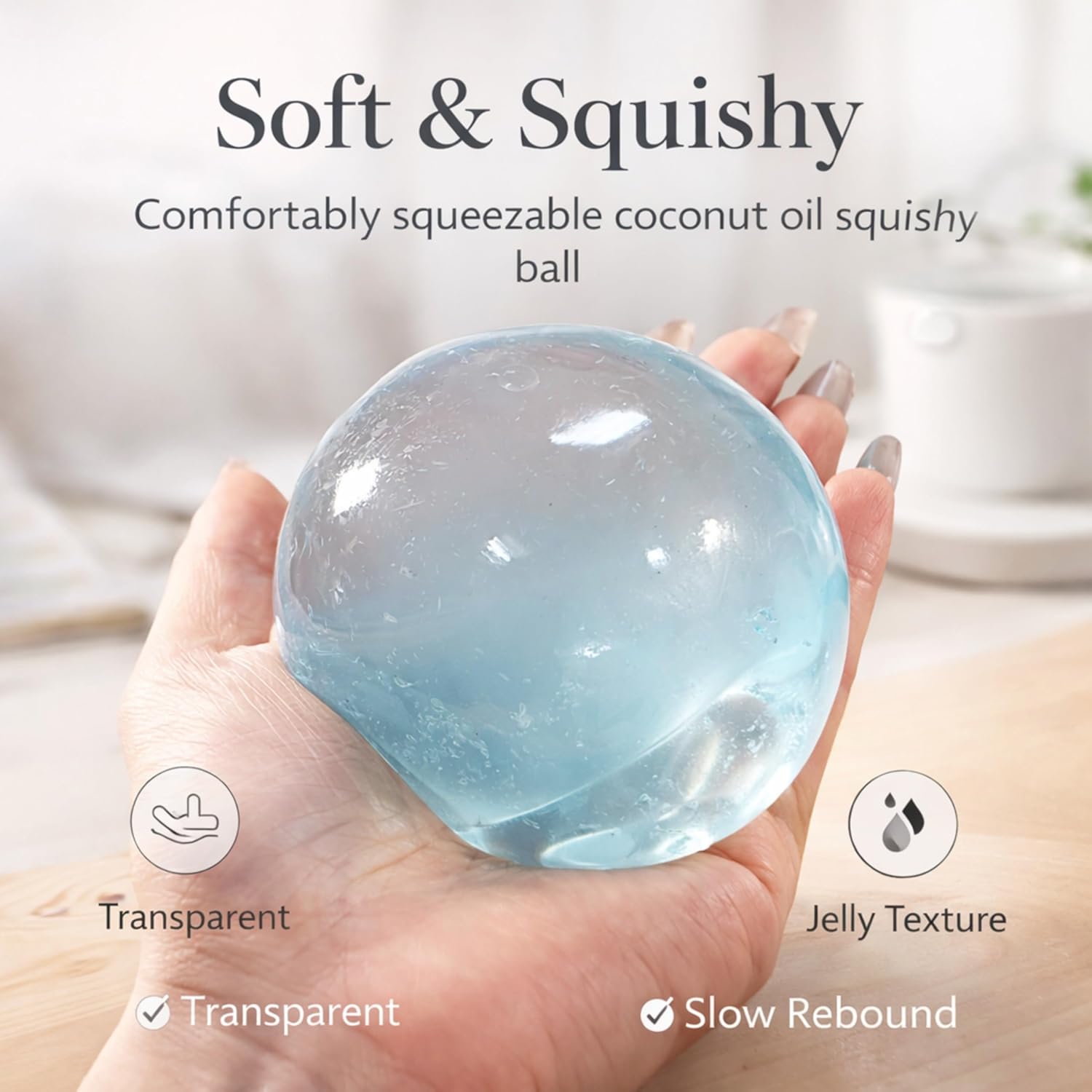 Coconut Oil Stress Ball, Slow-Rising Coconut Squishy Ball, Soft Non-Sticky Squeeze Toy, Odorless & Easy to Clean, Durable Fidget for Stress Relief, Focus, Office, Study & Home (4 Colors 6 cm)