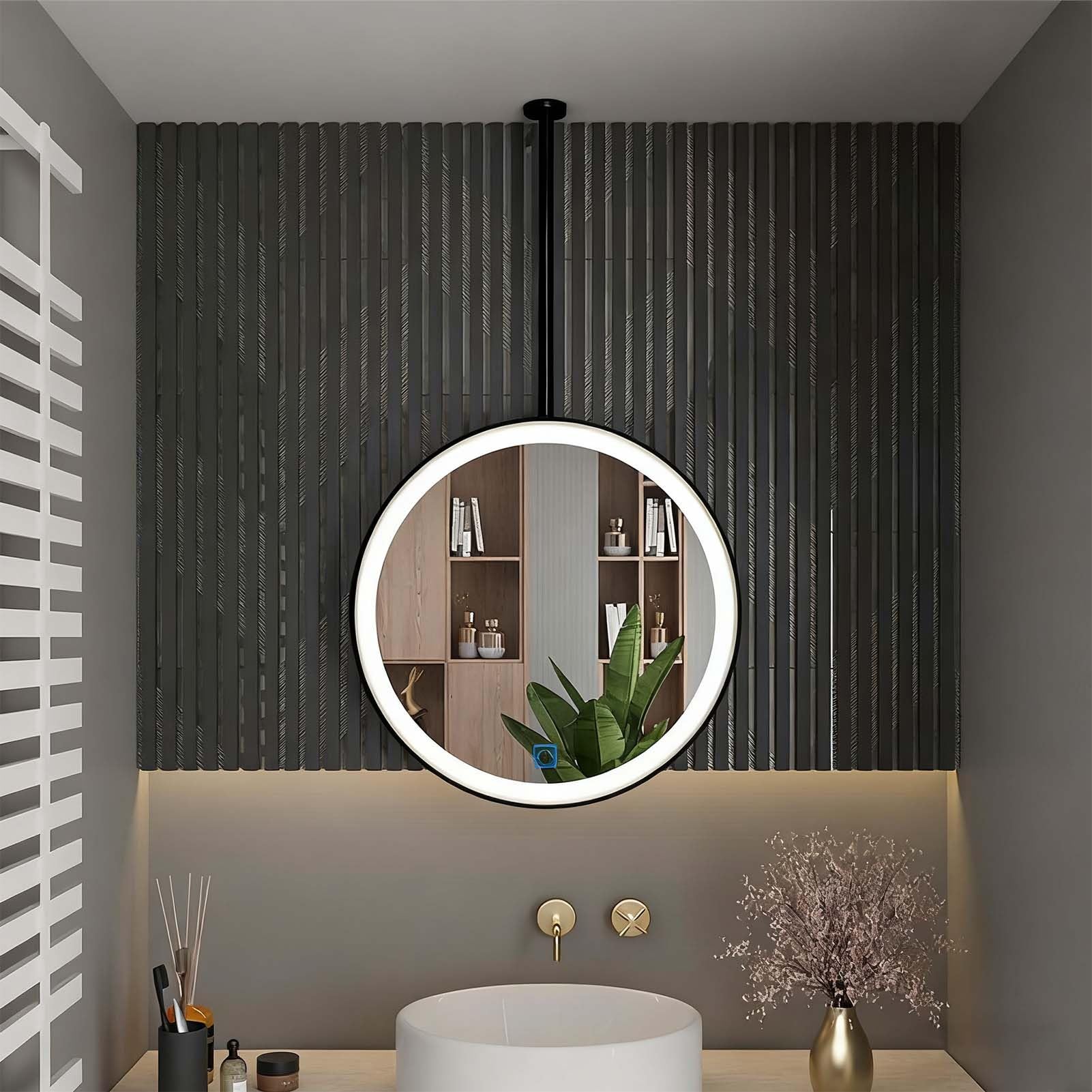 FGXHHS Round with LED Lights, Ceiling Hanging Mirrors for Wall Decoration Vanity/Makeup Bedroom Living Room Entryway(Black,Diameter-50CM/19.7INCH)