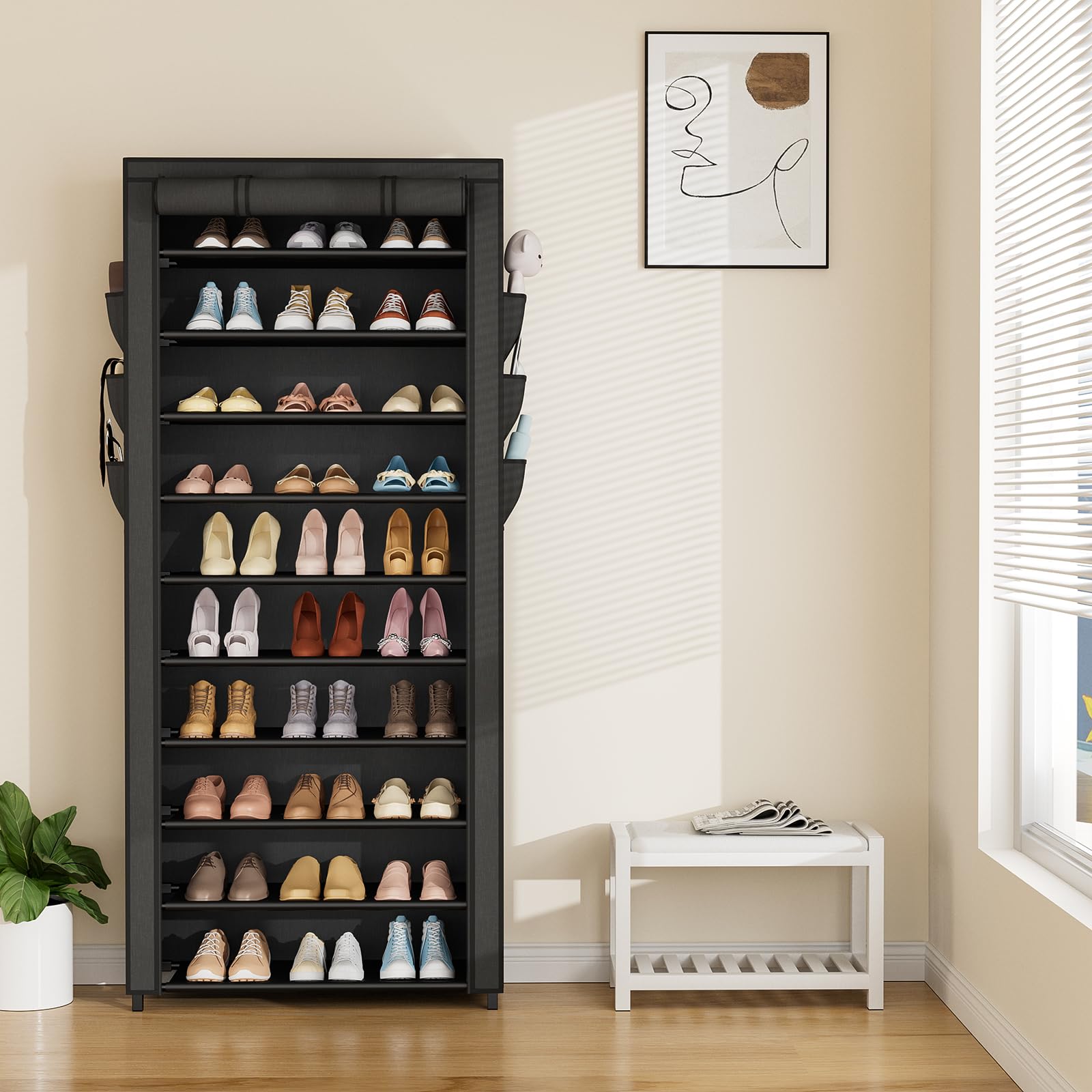Vicye Zapatero de Tela de 11 Niveles, Armario Zapatero Alto para 36-41 Pares de Zapatos, Estrecho y Alto con Cubierta Antipolvo, Ideal para Entrada, Sala de Estar, Negro