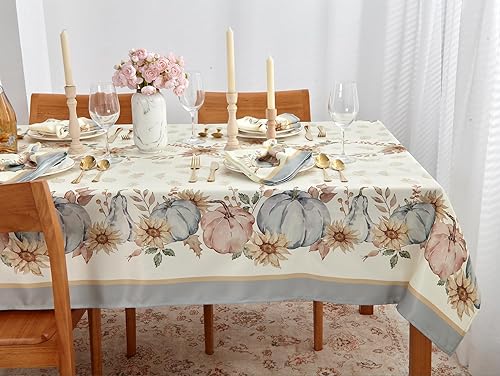 Miniatura 3 de YiHomer Mantel de Acción de Gracias con borde de cosecha de calabaza azul, estampado de calabaza y girasol, lavado a la piedra, fácil cuidado, 52 x