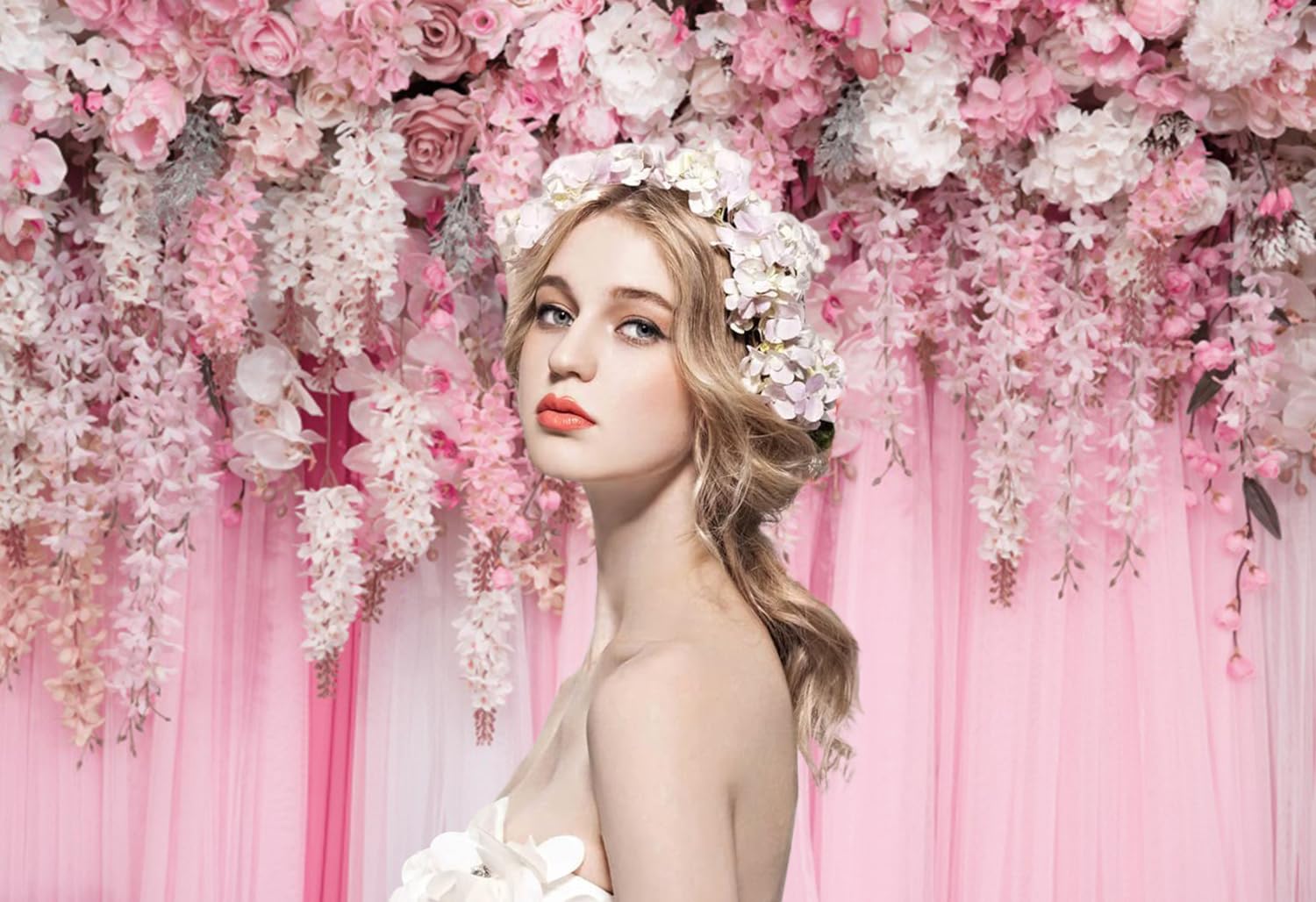3x2.4m Toile de Fond Mur de Fleurs Rose Rideau Photographie Florale Fond Filles Rose Douche Nuptiale Mariage Anniversaire Fleurs Bébé Fille Bébé Shower Décorations Bannière Photo Booth Props
