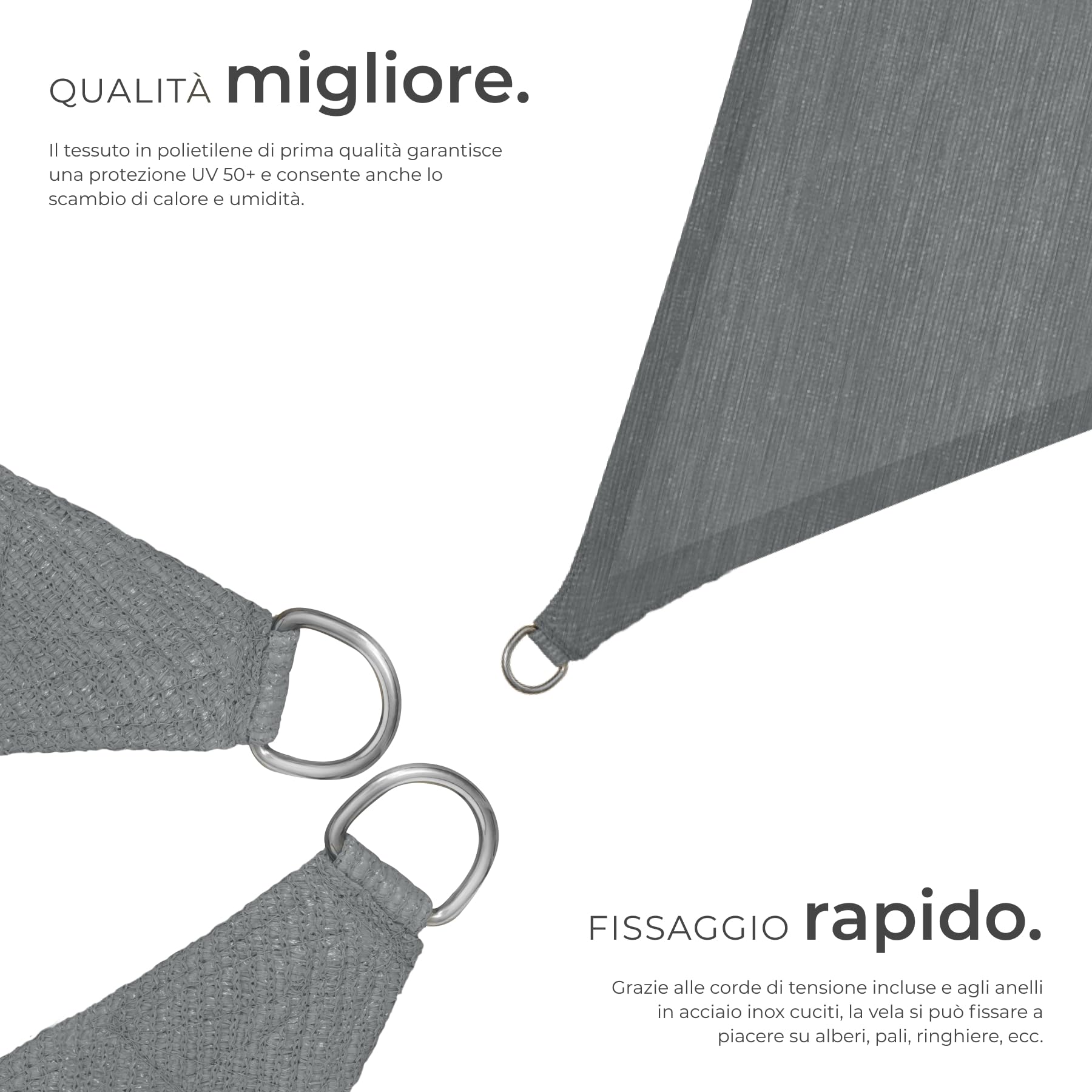 Tenda a Vela Solare 3,6 x 3,6 x 3,6 m Protezione UV 50+ Telo Occhiellato Traspirante Anelli Acciaio Inox