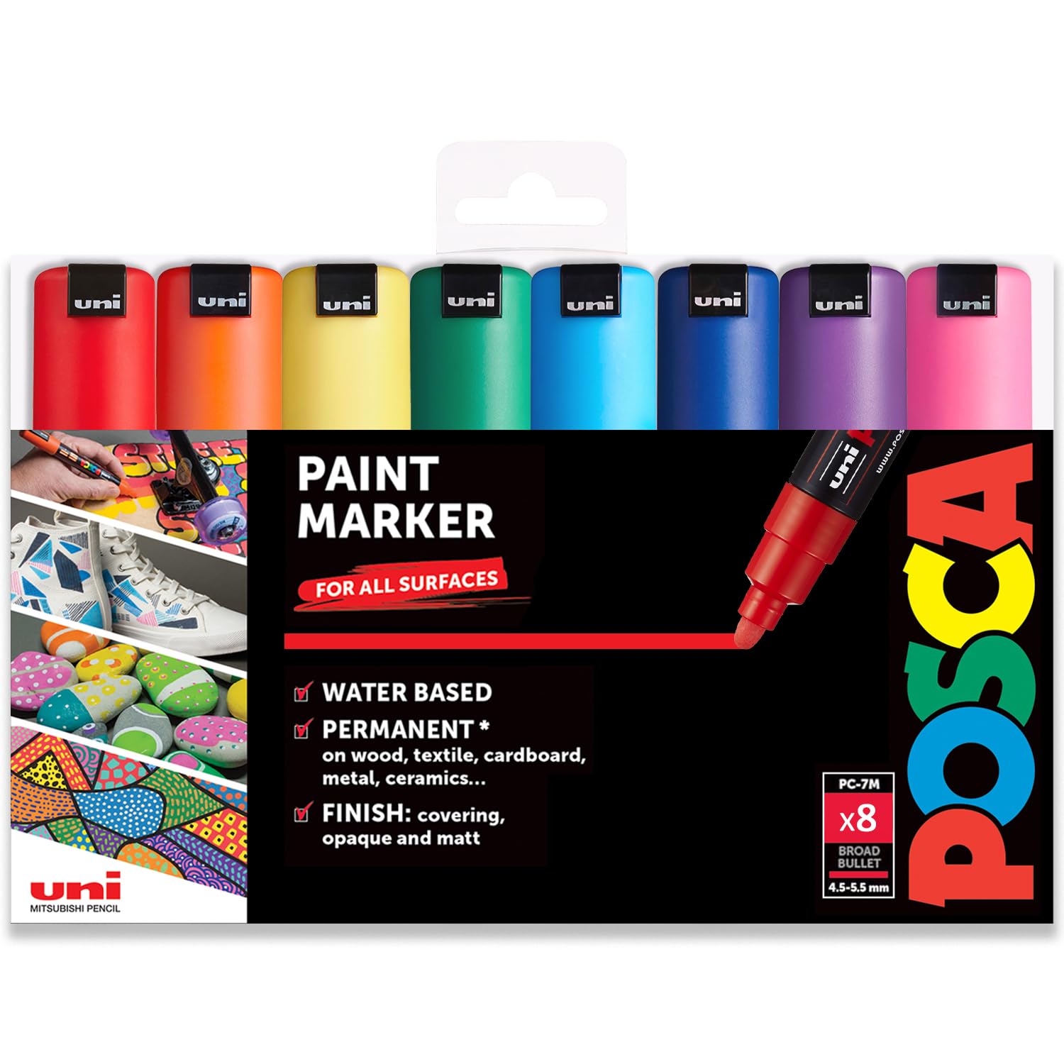 Posca PC-7M Water Based Permanent Marker Paint Pen - Multi Surface Use - 4.5-5.5mm Bullet Tip Nib - Set of 8 in Plastic Wallet - Essential Colours