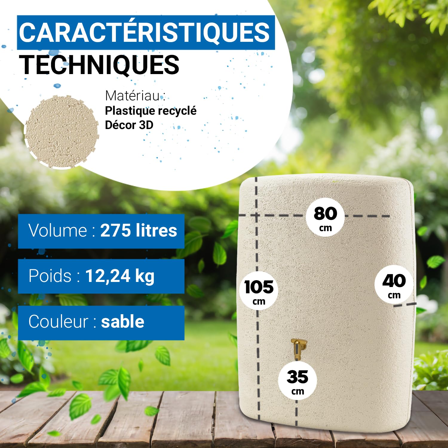 4rain Terra Kit Récupérateur d’Eau de Pluie 275L Sable