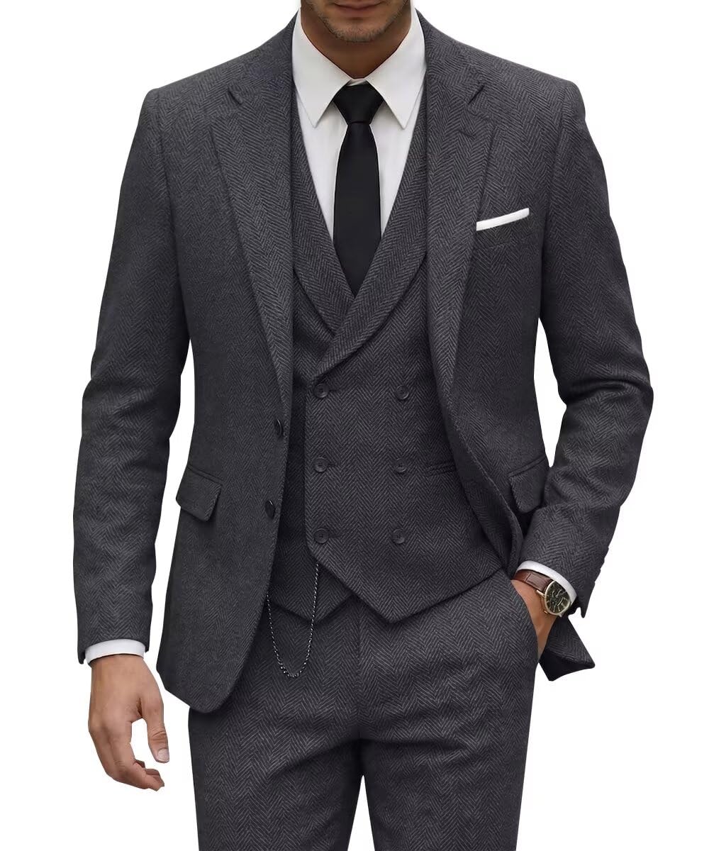 Photo 1 of Ciwolce Tweed Suit Mens Gray 3 Piece Double Breasted Wool Suits for Men Wedding Prom Groom Formal Dinner Casual Tuxedo M