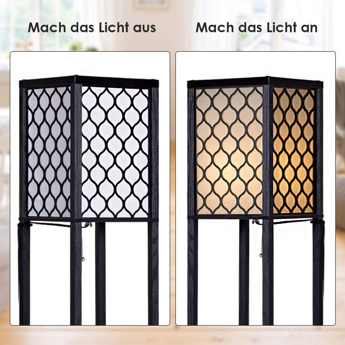 COSTWAY Stehlampe Wohnzimmer 160cm, E27, Max. 40W, 3 Ebenen Stehleuchte mit Zugkette, Standleuchte Holz, Holzregal Innenbeleuchtung für Wohnzimmer & Schlafzimmer, Schwarzes
