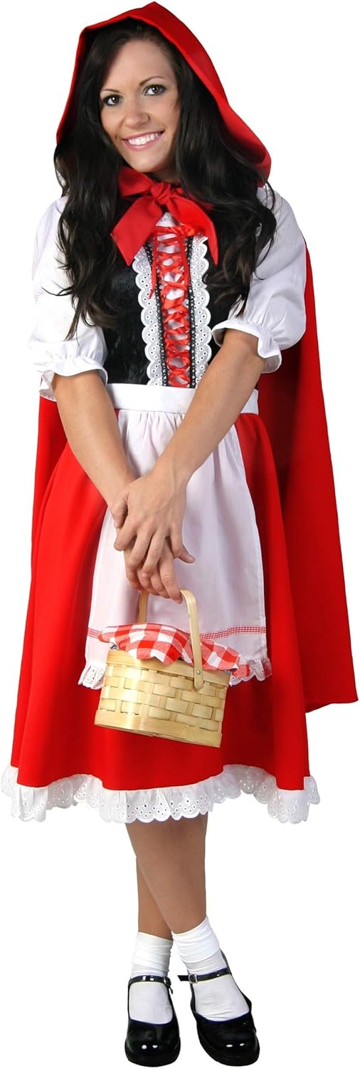 Womens Little Red Riding Hood Halloween Costume | Adult Storybook Character Complete Outfit with Dress, Cape & Neck Tie
