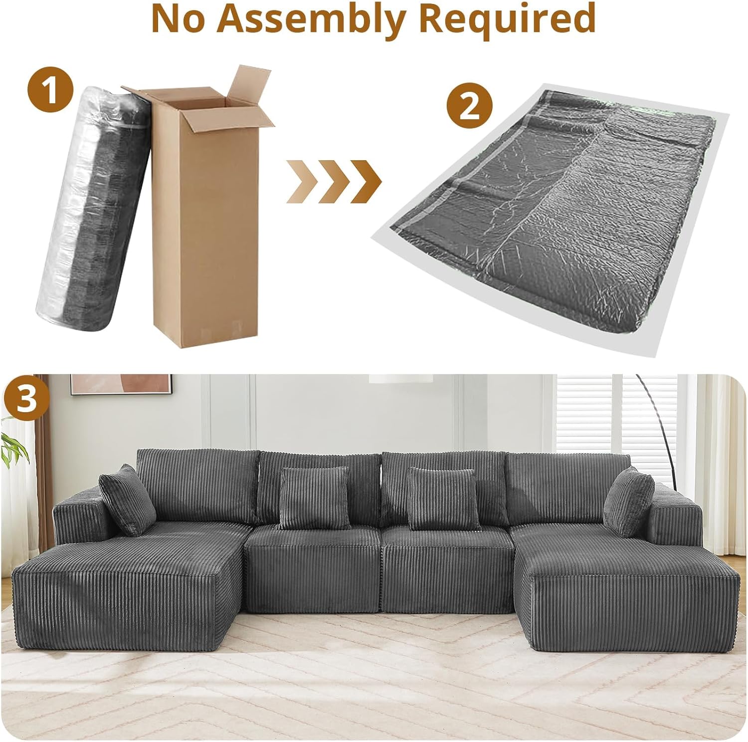 Cloud Boneless Couch 137" Modern Sectional U-Shaped Comfy No Assembly Required Convertible Compression Sleeper Modular Sofa with Corduroy Fabric Deep Seat Single + Chaise for Living Room