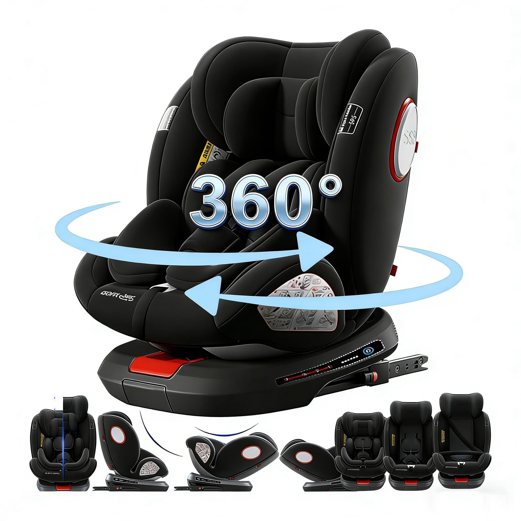 Magic ZC 360° Drehbar Kindersitz Auto, Höhen-und Neigungsverstellung Kindersitz, Kollisionsschutz Autositz Kinder, Leicht zu Reinigen Auto Kindersitzs (Black without Foot Rest Frame)