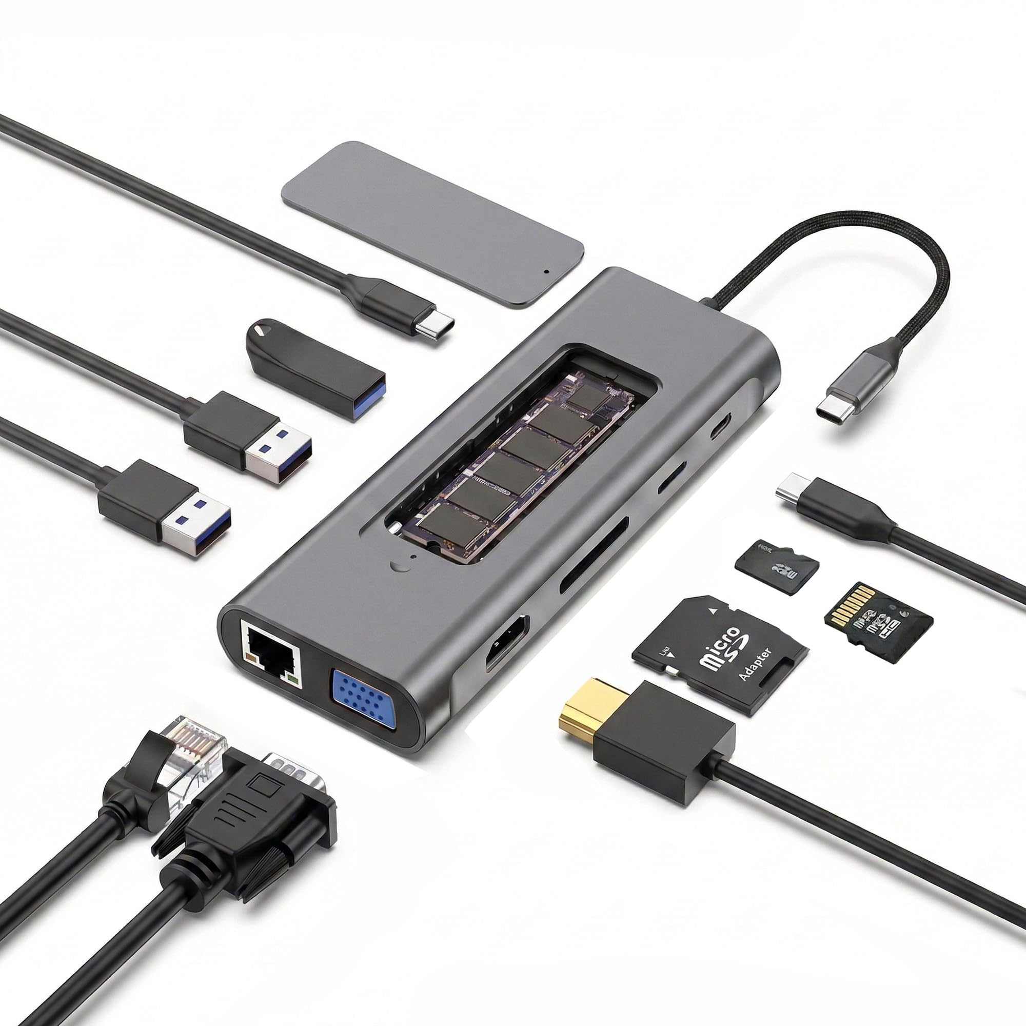 Cabos & Plugs Docking Station USB-C 11 em 1 com Slot NVMe M.2, Vídeo 4K 30Hz, VGA,