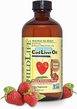 CHILDLIFE ESSENTIALS Cod Liver Fish Oil for Kids - Kids Arctic Cod Liver Oil Liquid for Babies 6+ Months & Toddlers, Added DHA, EPA, Omega-3 Fatty Acids for Nutrition - Strawberry Flavor, 8 fl oz