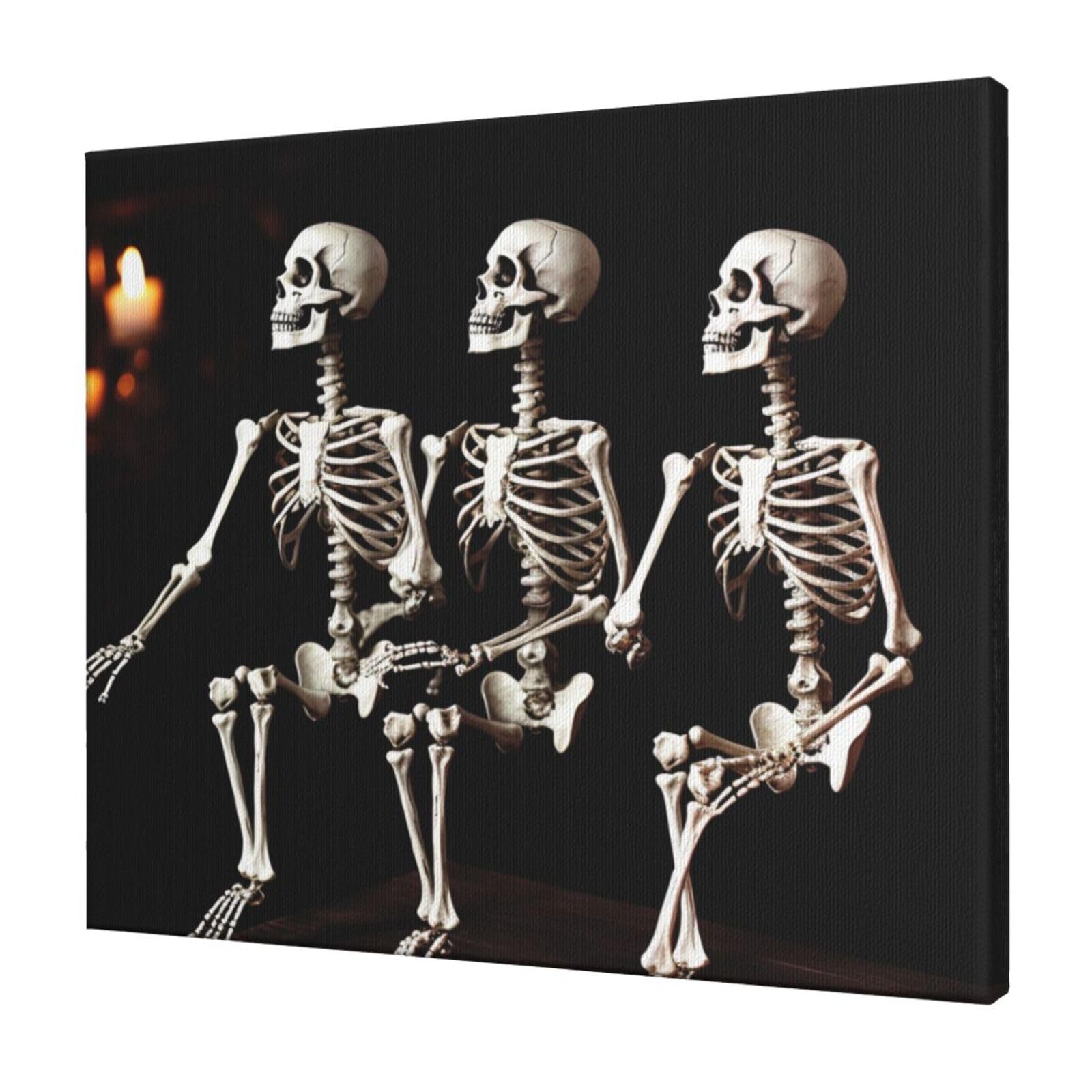 YKLJG Halloween Posable Skeleton Skull Printed Wall Art Canvas Prints 60x50 CM Wooden Framed Picture Painting Artwork for Bedroom Kitchen Home Office Decor