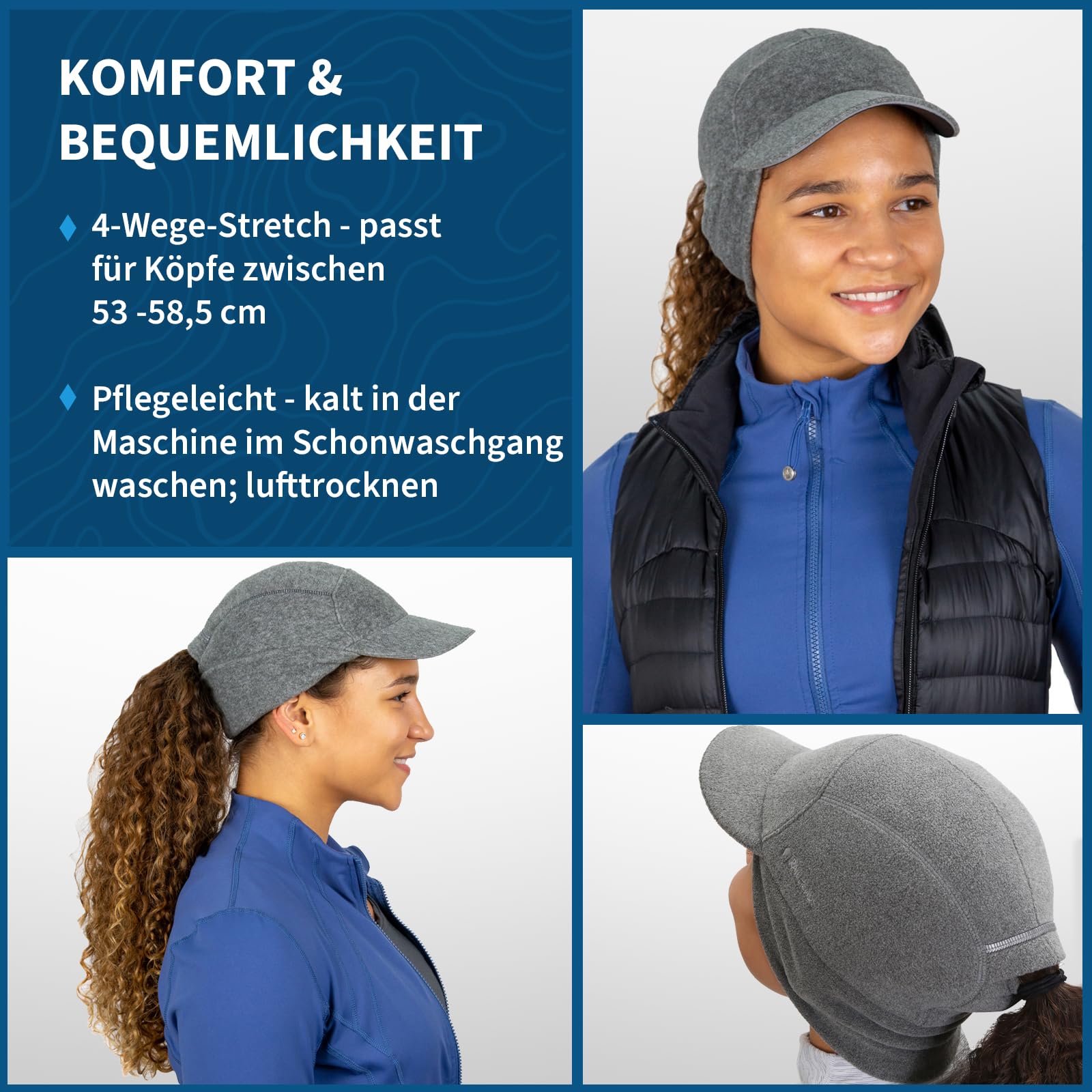 TrailHeads Fleece Sport Mütze Damen - Pferdeschwanz-Wintermütze mit reflektierendem Rand