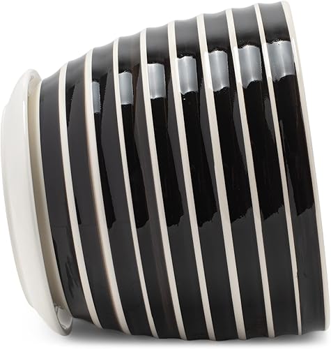 Miniatura 4 de Napco Maceta de cerámica acanalada a rayas en blanco y negro de 5.5 x 6 pulgadas con platillo