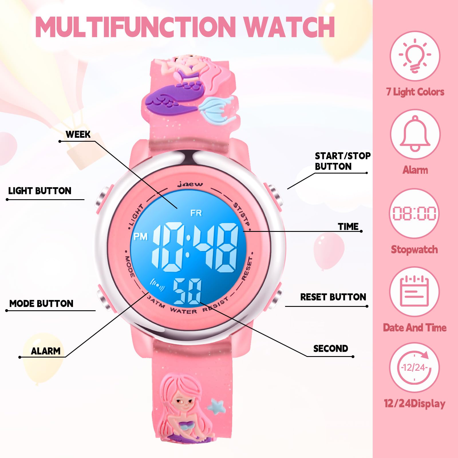 Kinder Uhr Digital 3D Cartoon wasserdichte Kinderuhr für 3-10 Jahre Jungen Mädchen kleines Kind, 7-farbige Hintergrundbeleuchtung, Geschenke für Kinder