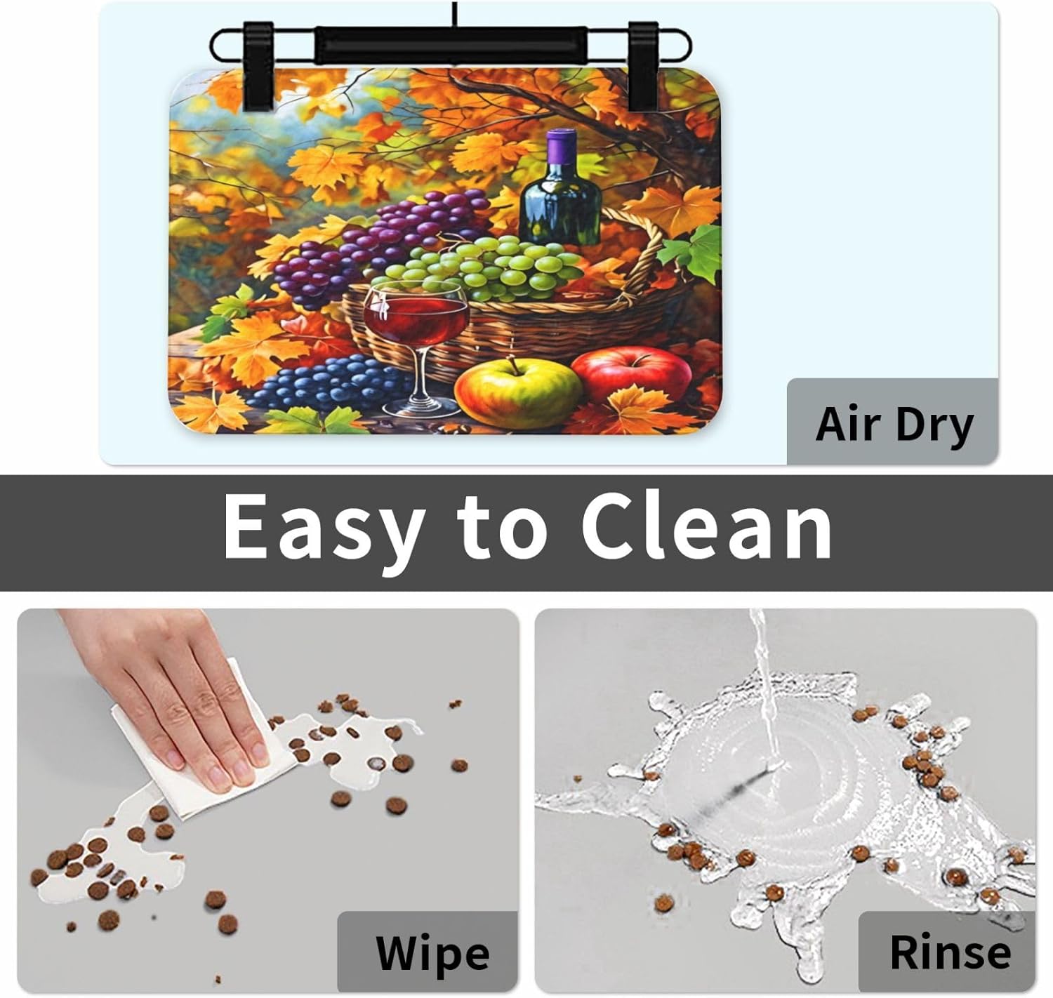 Autumn Fruit and Wine Dog Food Mat, Leather Pet Feeding Mat, Cat Mat for Food, Absorbent Pet Placemat for Indoor Outdoor Water Bowl 40x60cm