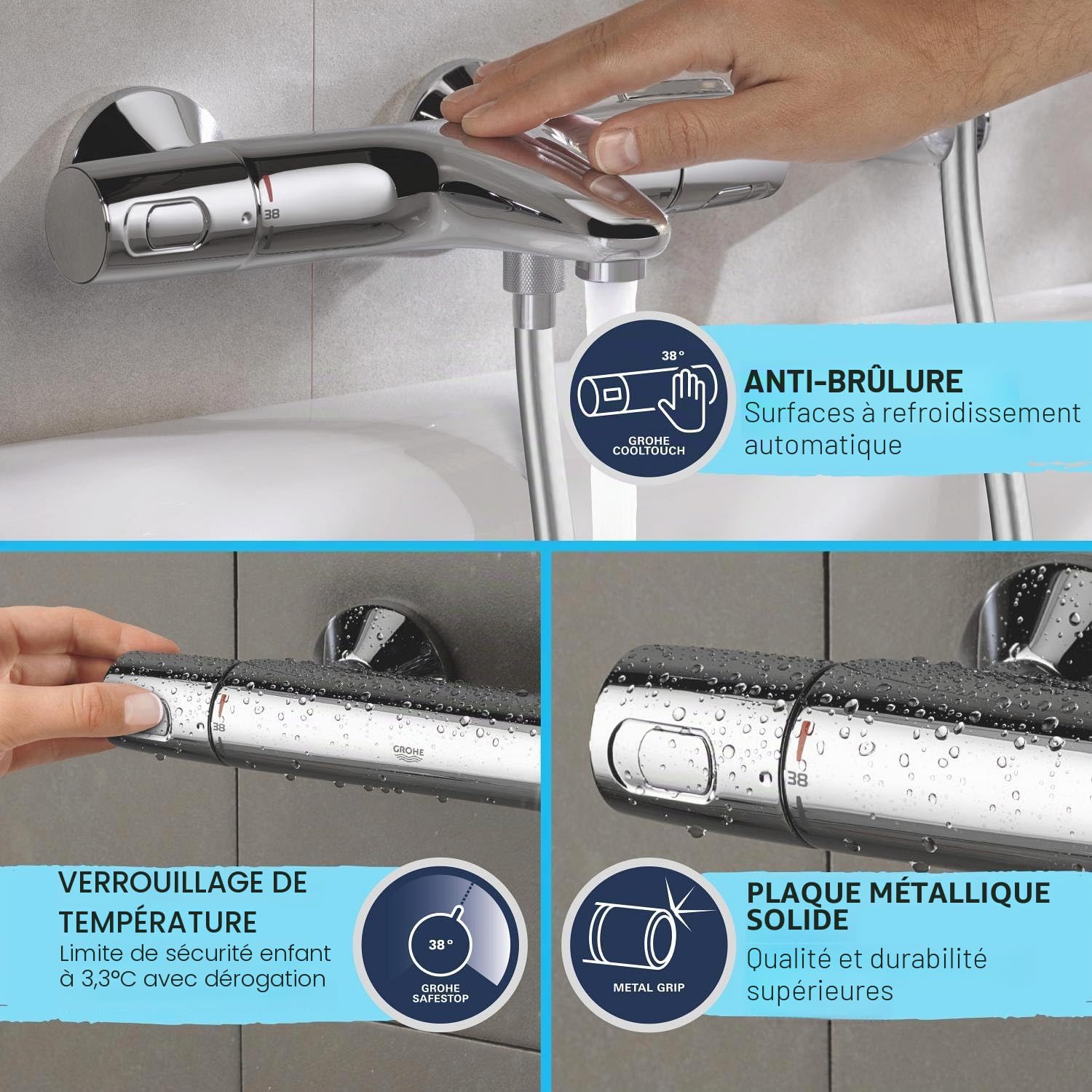 GROHE Colonne de douche avec mitigeur thermostatique Vitalio System 310, tablette incluse, tête de douche 310mm, barre orientable, douchette Vitalio Joy 310 3 jets, chromé, 26401001 (Import Allemagne)