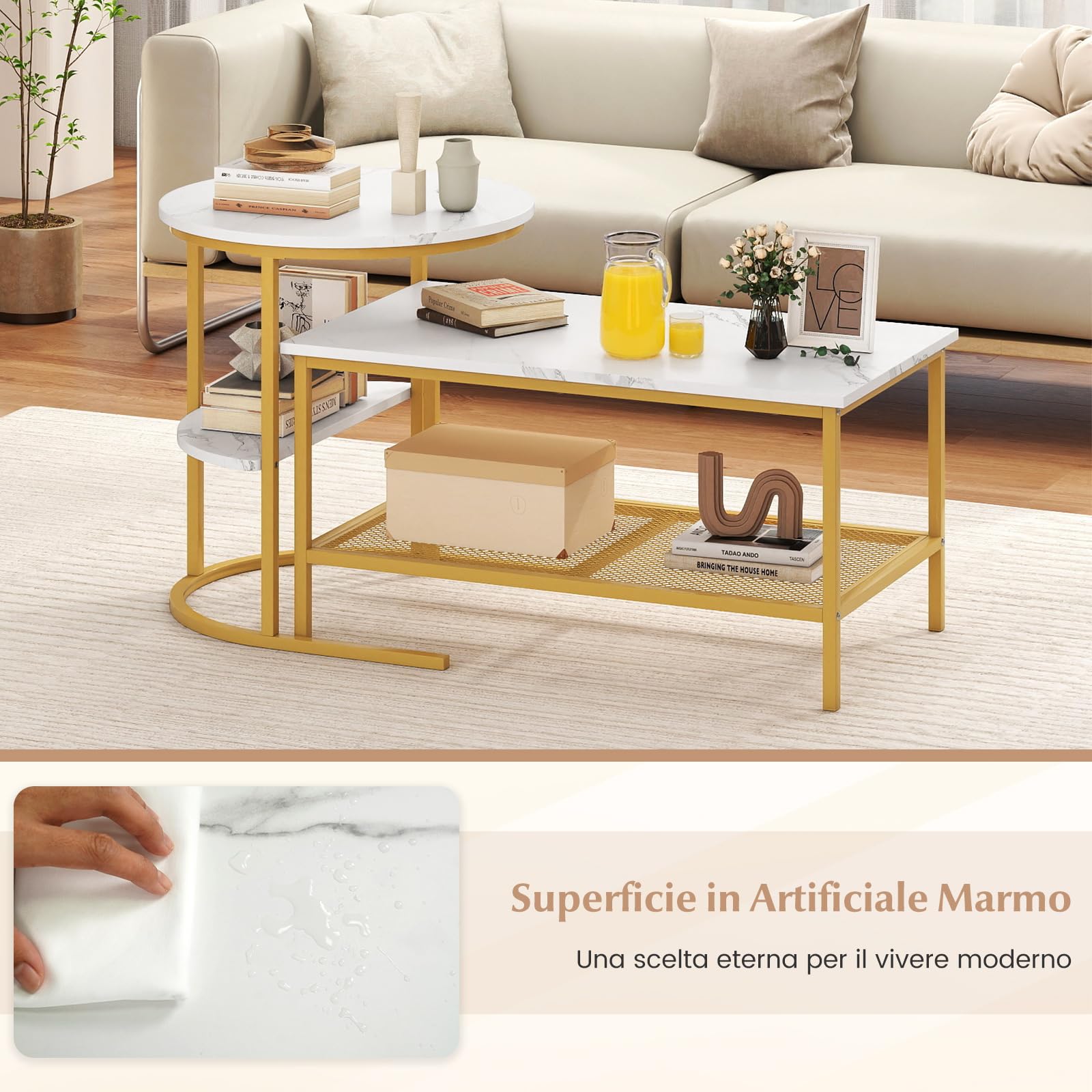COSTWAY Set di Tavolini da Caffè Componibili, 2 in 1 Set di Tavoli Rimovibili con Piano in Marmo Sintetico, Tavolino Rotondo e Tavolino Rettangolare per Salotto e Camera da Letto (Oro)