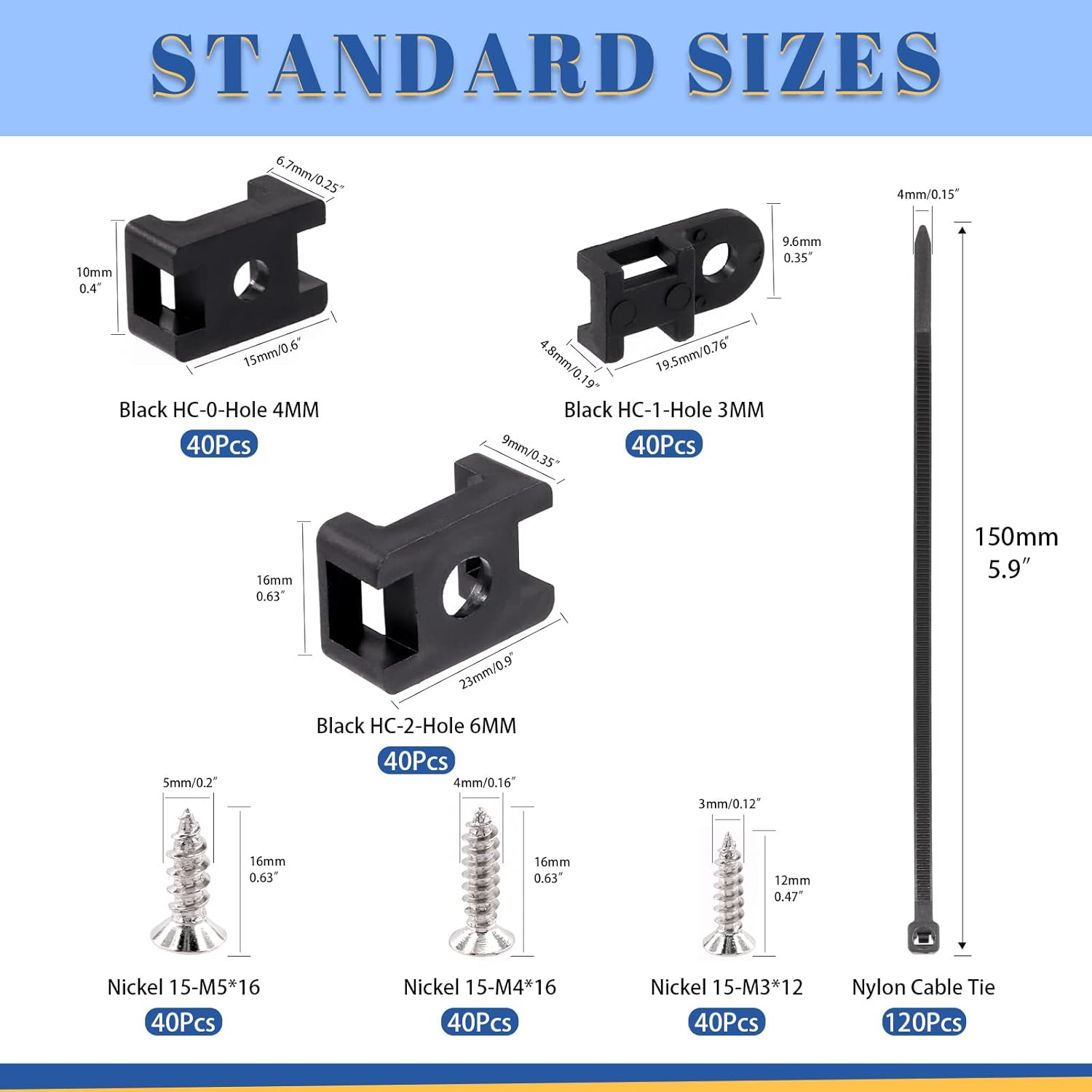 Glarks 360Pcs Black Cable Tie Base and Cable Zip Ties with Mounting Screws Set, 120Pcs 3MM 4MM 6MM Saddle Type Mount Wire Holder and 120Pcs 6 Inch Self-Locking Cable Tie with 120Pcs Pan Head Screws