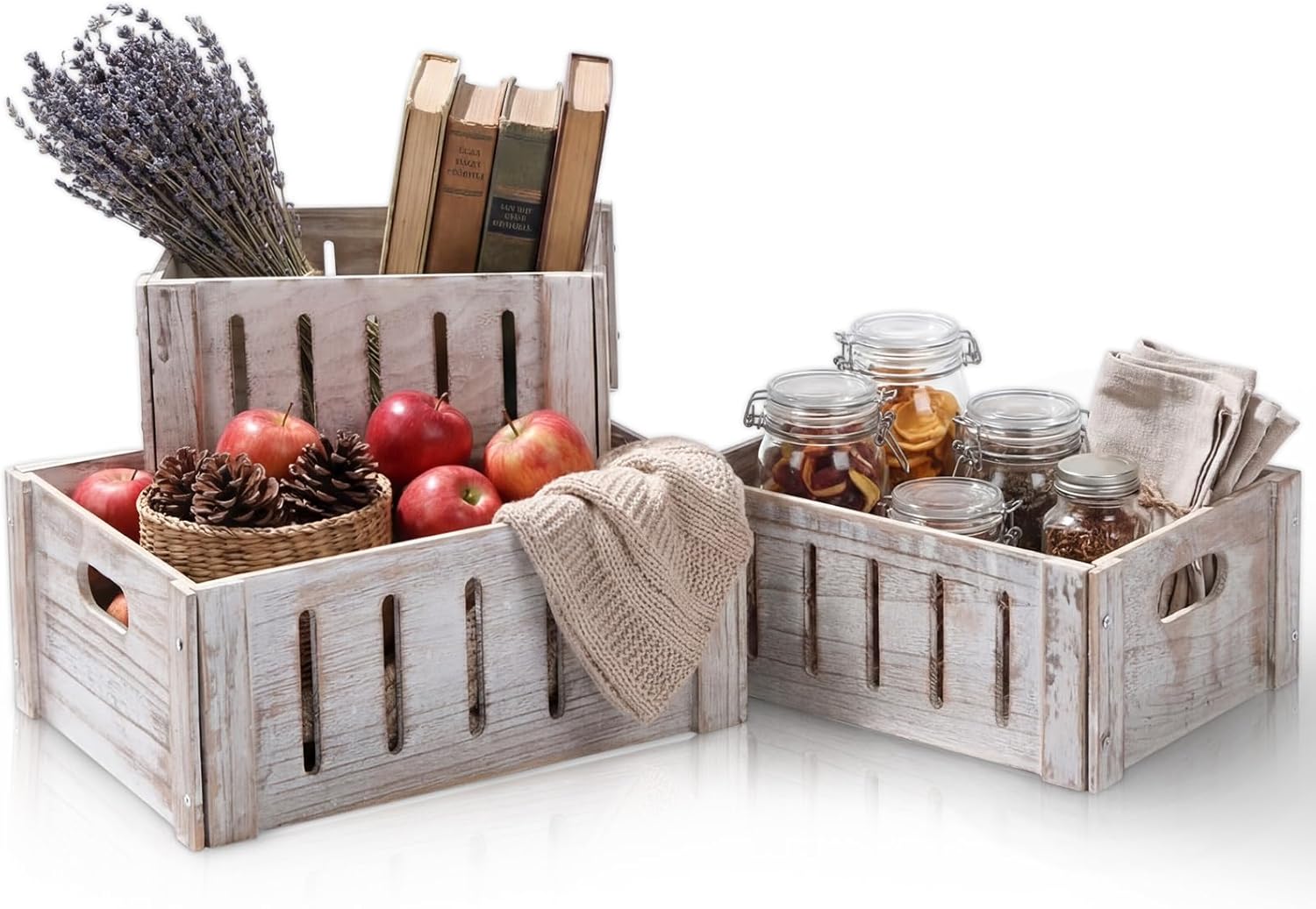 Ripeng Decorative Wood Crates for Storage Display, Rustic Wooden Nesting Crates with Handles, Large Small Farmhouse Boxes for Wedding Birthday Home Decorations (White,3 Sizes,3 Pcs)