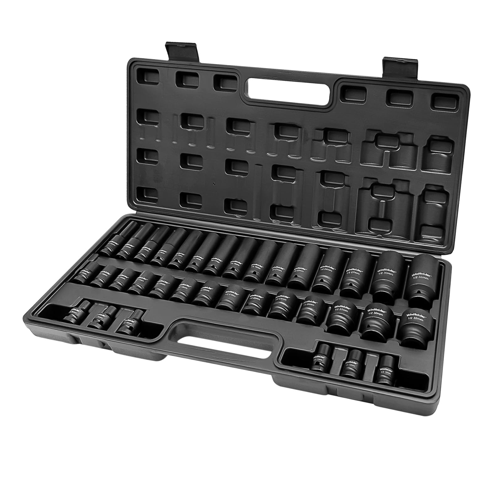 WinHolder 35Peices 6 Point Deep Impact Socket Set 1/2 Inch Metric 8mm-32mm/8PCS Impact Socket Adaptor Set 1/4" 3/8" 1/2" 3/4" Step Up/Down Reducer (35pcs Black Case)